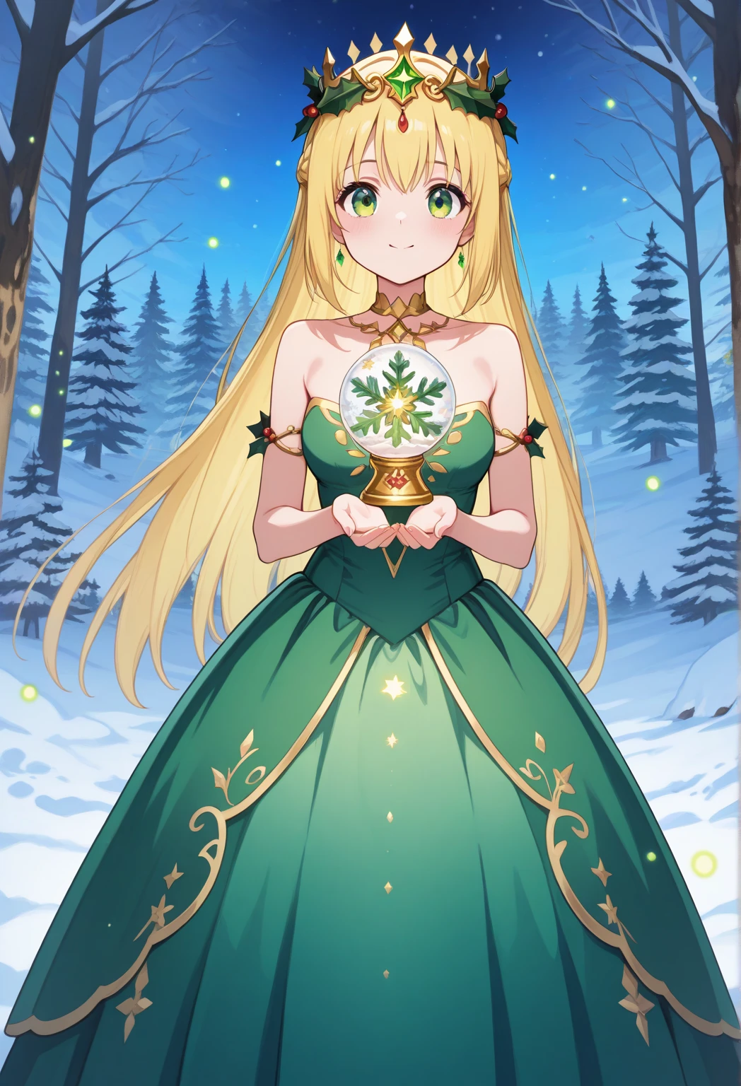 A cheerful Christmas girl with sparkling green eyes, wearing a flowing emerald dress adorned with golden embroidery and a crown of holly and berries. She stands in a snowy enchanted forest, surrounded by glowing fireflies and twinkling fairy lights draped over evergreen trees. She holds a crystal snow globe that emits a soft golden glow, illuminating her face and reflecting snowflakes gently falling around her. The ground is covered in soft snow, with candy canes and ornaments scattered like hidden treasures