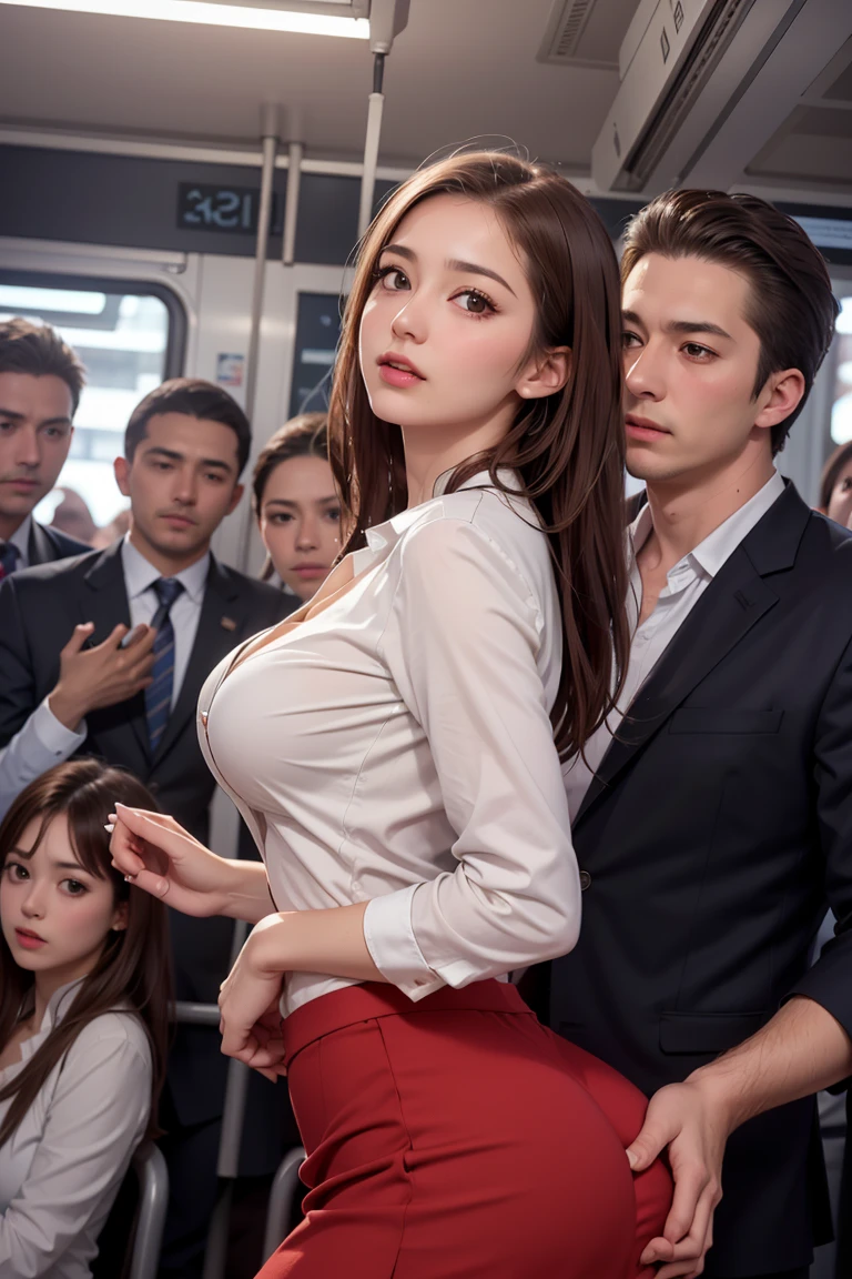 Crowded train, sexy girl with glasses, handsome man holding her from behind and talking in her ear, lifting her, white mini skirt swinging upwards, 40k, photography, masterpiece, best quality, dark gray background, (1girl blue eyes and blond hair soon curled with open legs), big breasts full open leg, (round swinging sexy mini skirt: 1.3), (white open shirt: 1.3), older man leaning against her from behind picking her up, varied poses.