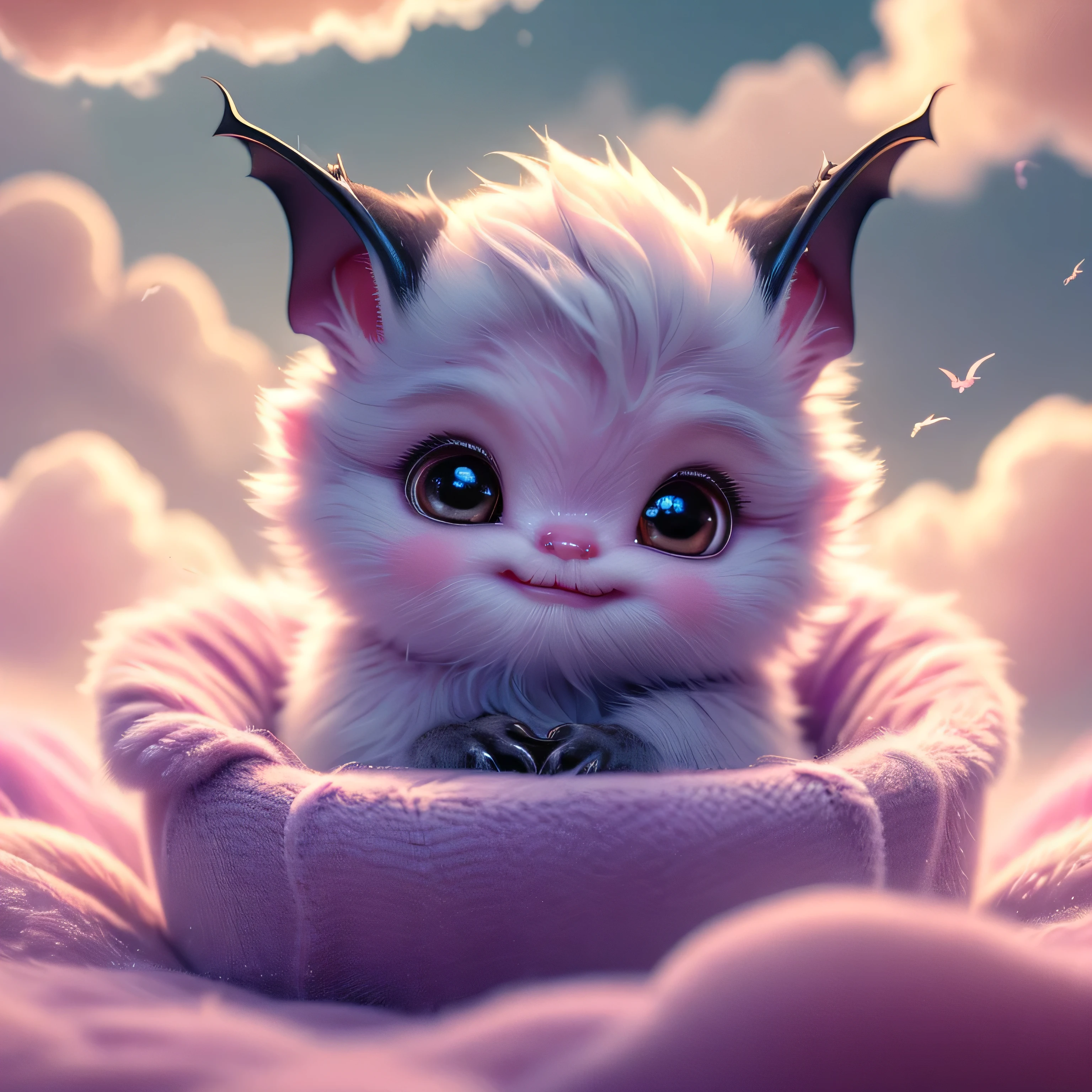 A beautiful, adorable baby bat made entirely of soft purple clouds, peacefully nestled in a bed of fluffy clouds. The baby bat has a gentle, serene expression as it sleeps, with its soft, dream-like appearance. The surrounding clouds are colored in pastel shades of pink and lilac, creating a warm and dreamy atmosphere. The entire scene is bathed in a soft, ethereal light, enhancing the magical and fantastical quality of the image. The baby bat should appear as a seamless part of the cloudscape, blending perfectly with the surrounding clouds, but still maintaining distinct, realistic features that highlight its cuteness and charm.