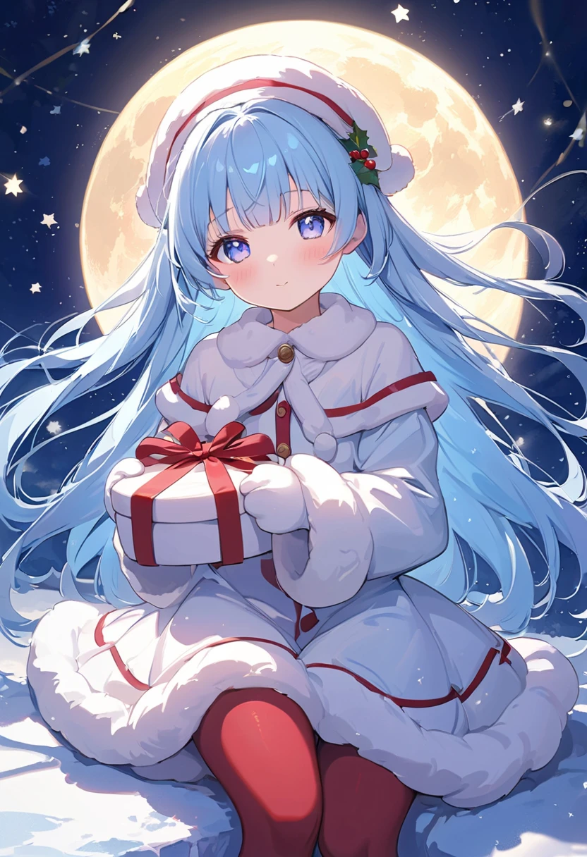 Diagonally from above, (A girl is sitting next to the Christmas tree: 1.5), (There is a polar bear next to it: 1.5), Beautiful eyes, Northern Lights, View from below, Vast sparkling landscape, Masterpiece, Finest, {{Masterpiece}}, {Top Grade}, Cute Girl, {Solo}, Christmas Costume, Snow, Effects, Beautiful Green Hair, Tights, Smile,