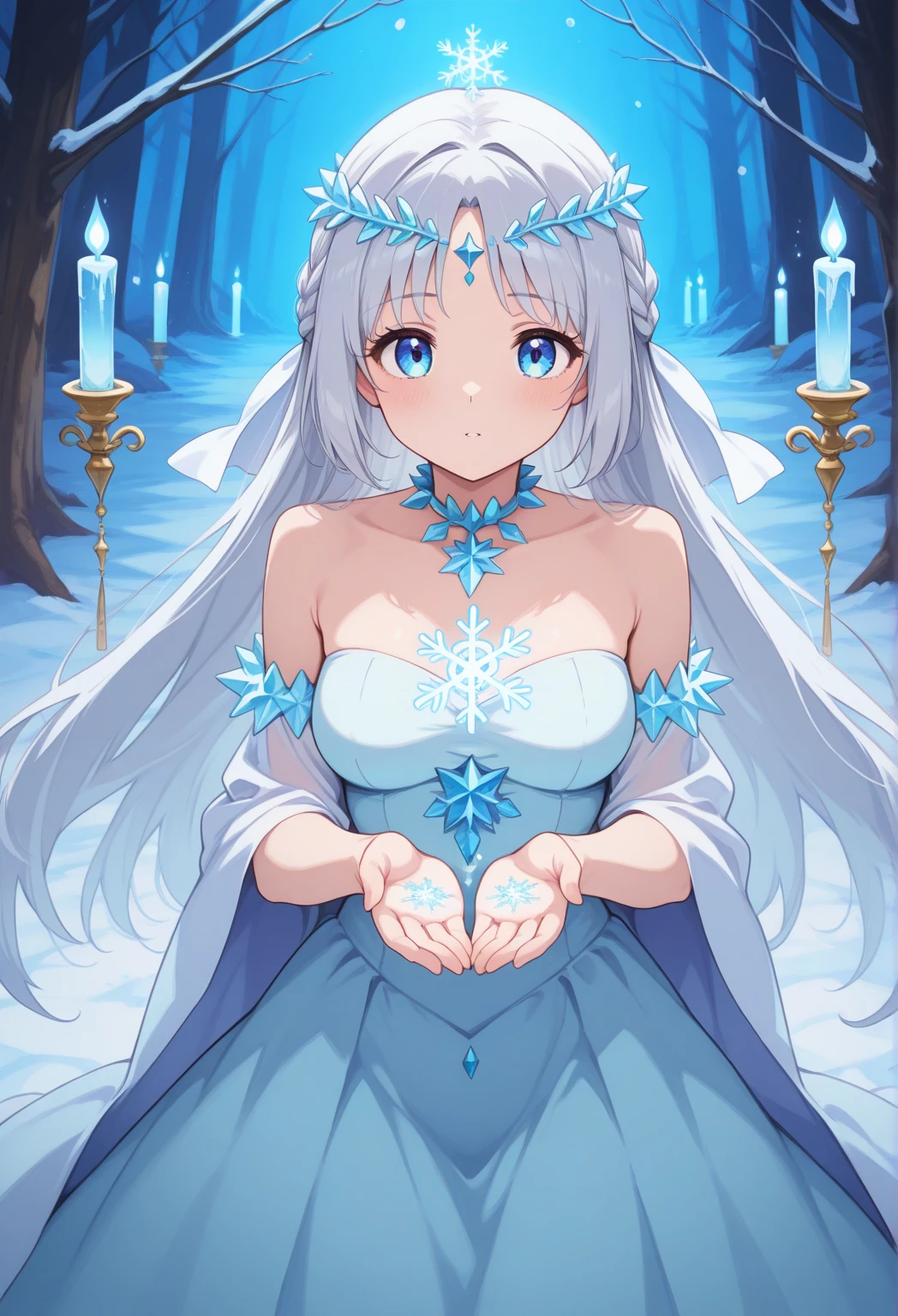 A mystical Christmas girl with long, silver hair flowing like moonlight, wearing a gown made of shimmering icicles that catch the light. She stands in an enchanted forest of towering frosted pines, each branch adorned with glowing orbs and floating candles. Snowflakes swirl around her as she raises her hands, summoning a flurry of sparkling snow that dances in the air, casting rainbow reflections across the frozen ground."