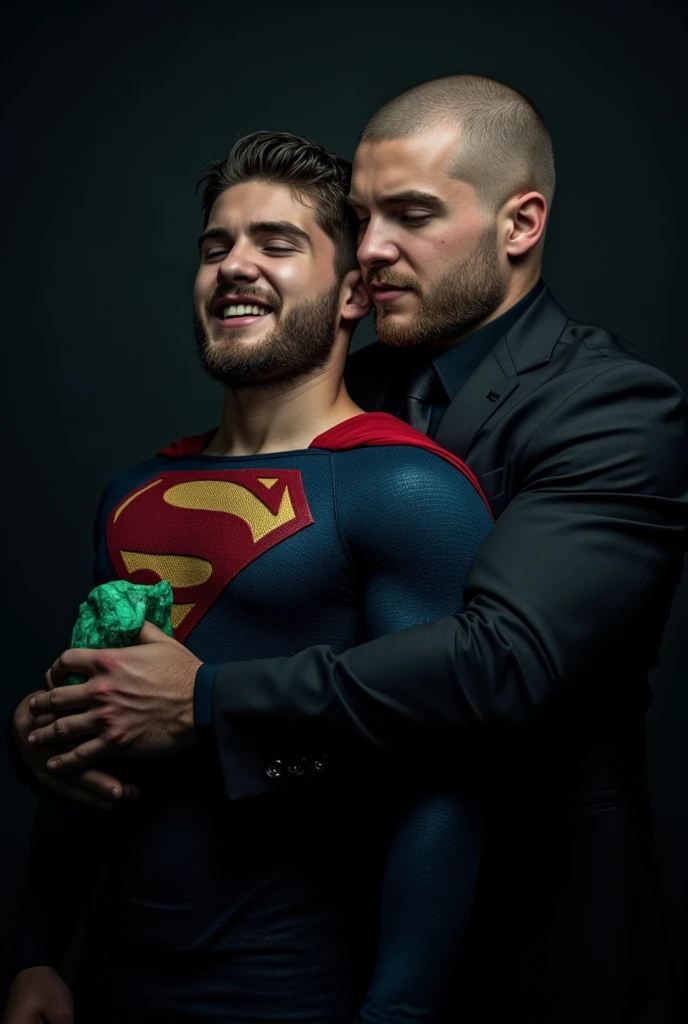 Portrait-style image featuring two men against a dark background. The man on the left has his back leaning on other man, he looks like Cody Christian dressed in a Superman costume, characterized by a blue suit with a large red and yellow 'S' emblem on the chest. He has short, dark hair, short dark beard, light skin, grimacing in pain facial expression, suffering, pain, hurt, agony, almost unconscious. The man on the right is bald, has light skin, and is wearing a black suit with a black shirt and tie. He has a serious expression and is holding  a green rock that emits a faint glow. The overall composition suggests a dynamic interaction between the two characters.