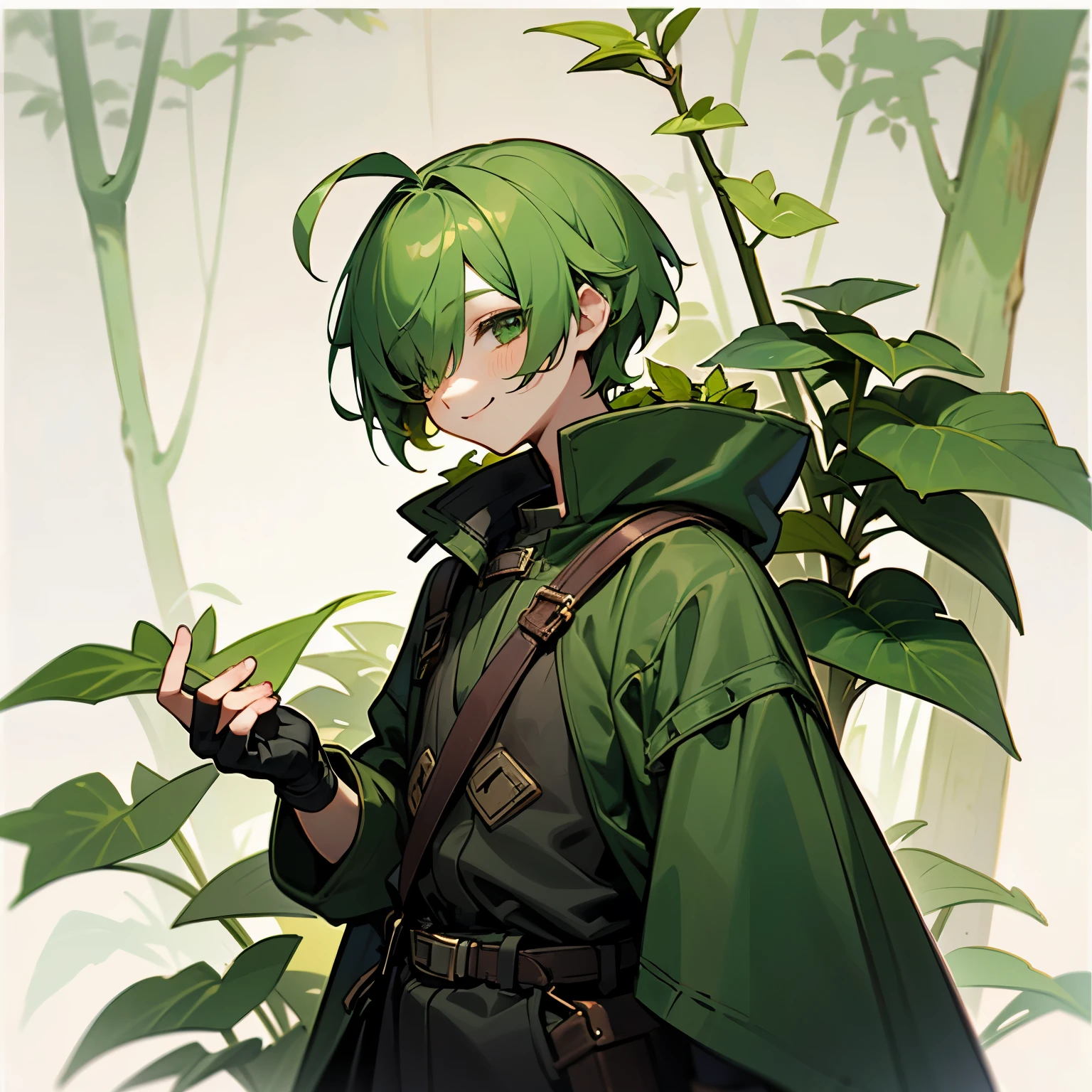 (boy), Dryad, green ivy hair, green eyes, short cut, side part, ahoge, hair over one eye, thin eyebrows, smiling, young, alone, short, Shota, overall, coat, long boots, plant hair accessory, wide pants, harness, fingerless glove, belt, which craft,   Solo, upper body
