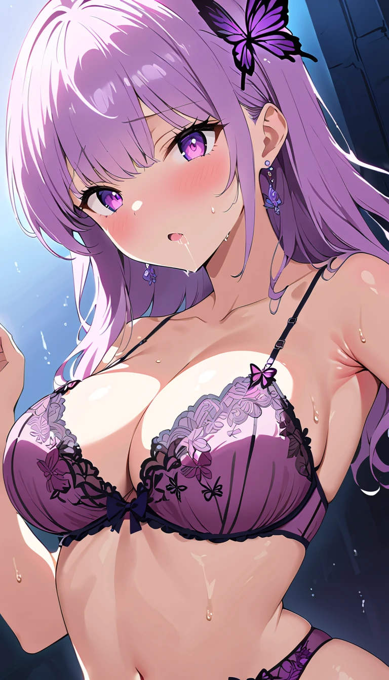 ((Delicate Embroidered Bra 、 transparent purple and dark pink butterfly pattern :1.4)、(  Delicate Embroidered Panties 、 transparent purple and dark pink butterfly pattern:1.4))  composition from above、Pillar of Light、thunder、Desolate Background、（short gray hair :1.1）、 pee、saliva、パンティーが  wet 、. orgasm.. hollow eyes, saliva,   open mouse、 turn your arms around your back、薄白hair、Open Leg.sweat、  wet 、 climax face reaching that butt 、（  squats、 open legs:1.9）.（transparent pastel pink lingerie  :1.9）（Big Breasts:1.9）、nsfw.whole body、  squat、 Constructed directly from above  、nsfw. pastel whiteside up hair、 Please implement it below  .（   A Nasty Depiction of Speed Seen from Above  :1.8）、   dynamic pose、   Movie Scene  、Illuminated、 Atomic Punk .beautiful face drawing、  Delicate gaze depiction   、  undivided composition    、.（Big Breastsにフォーカス:1.5）、Big Breasts、  masterpiece ,   top quality, Raising awareness, （   One Girl  :1.1）,  cute, ( Dynamic Lighting :1.5),   movie lights,   Elegant Features  ,   Details of an eye falling off her shoulder  ,    sharp pupils,     sharp concentration that culminates in a lewd dream , (   very detailed bust , soft glow:1.4),    Lots of Tiny Gems   , ((length_hair))),    earrings 、前hair、Transparent design。   The light source is gentle light from the front ....、  the overall atmosphere is bright and clean  ....。