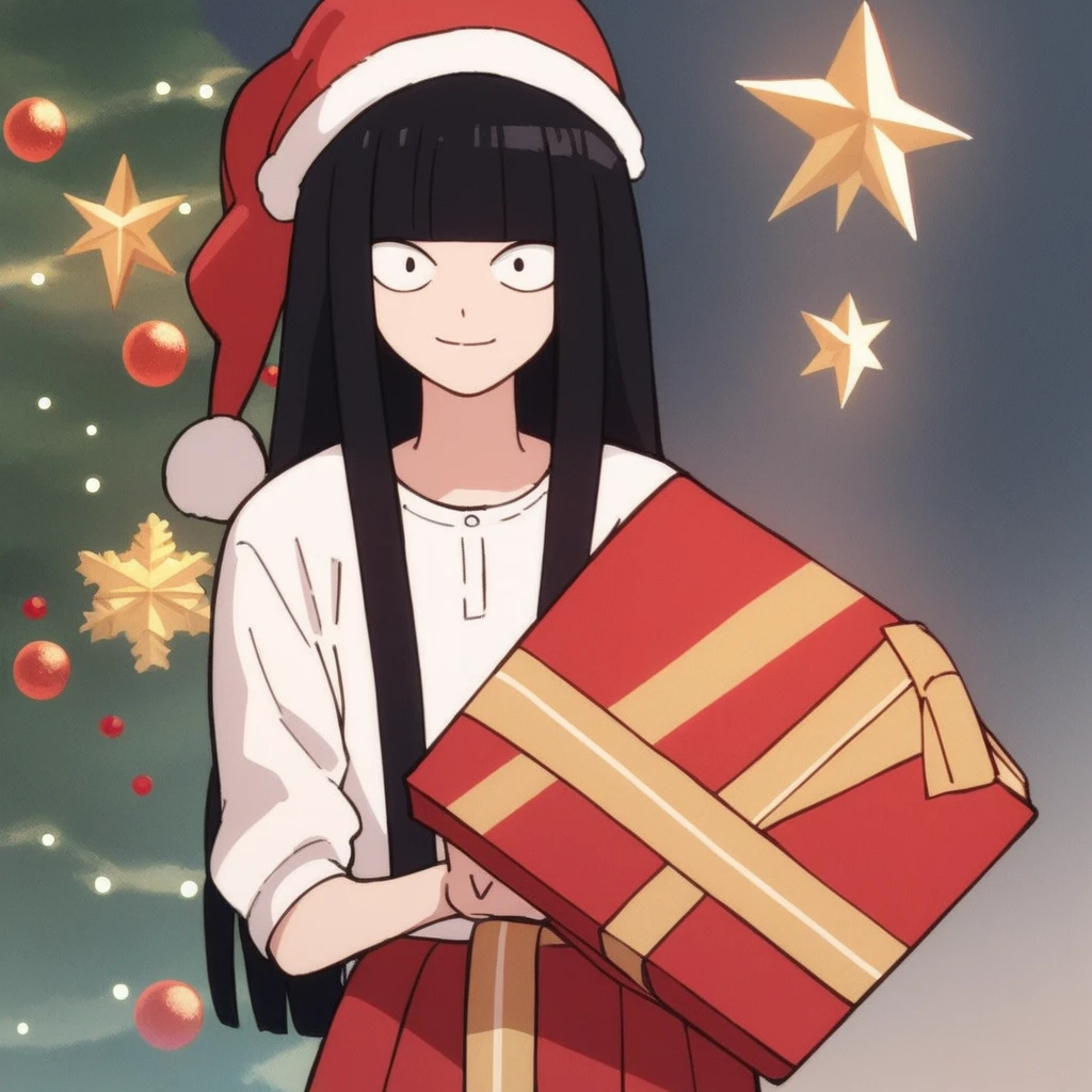 Landidzu, Christmas,sawako kuronuma,1girl,solo,long hair,toony, dot eyes,Christmas hat,skirt,looking_at_viewer, christmas outfit,bangs, white t-shirt,blunt bangs,light smile, she is holding a gift, pfp