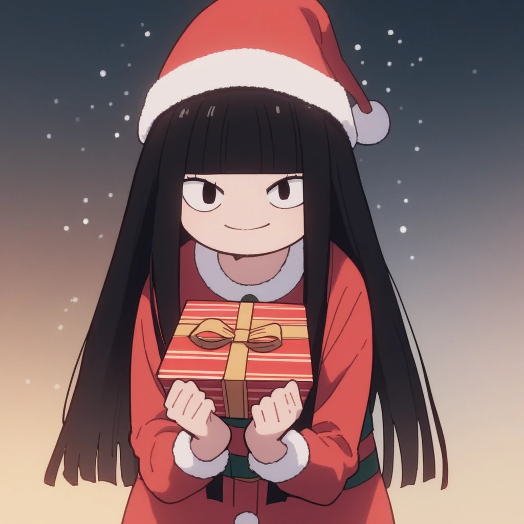 Landidzu, Christmas,sawako kuronuma,1girl,solo,long hair,toony, dot eyes,Christmas hat,skirt,looking_at_viewer, christmas outfit,bangs, white t-shirt,blunt bangs,light smile, she is holding a gift, pfp