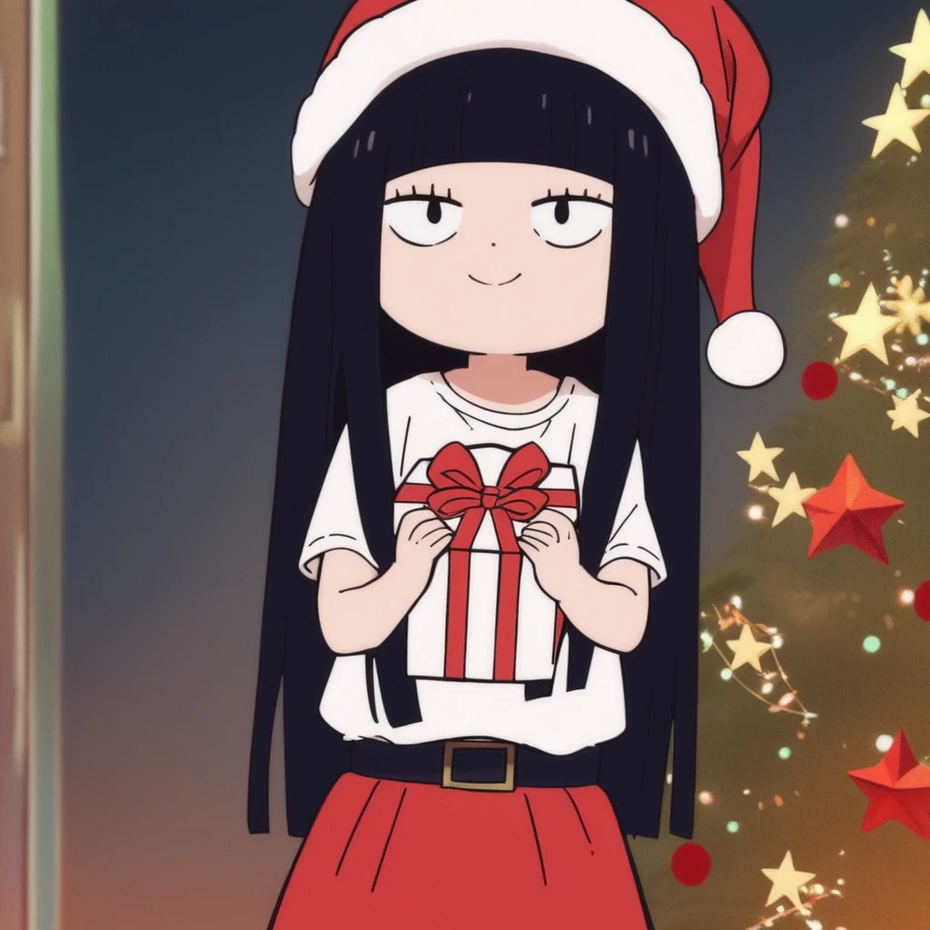 Landidzu, Christmas,sawako kuronuma,1girl,solo,long hair,toony, dot eyes,Christmas hat,skirt,looking_at_viewer, christmas outfit,bangs, white t-shirt,blunt bangs,light smile, she is holding a gift, pfp