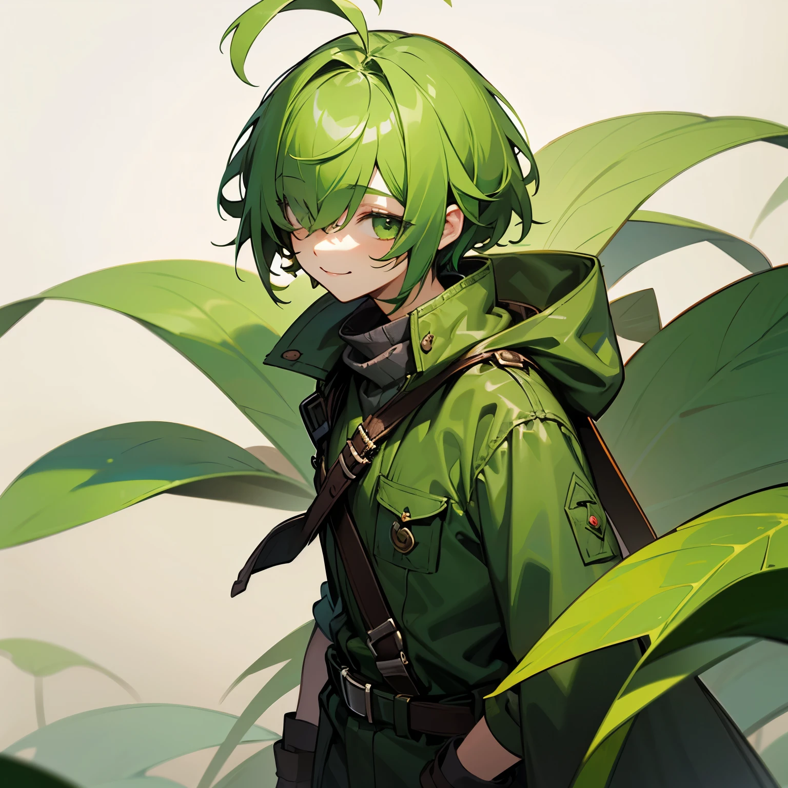 (boy), Dryad, green hair, green eyes, short cut, side part, ahoge, hair over one eye, thin eyebrows, smiling, young, alone, short, Shota, overall, coat, long boots, plant hair accessory, wide pants, harness, fingerless glove, belt,  Solo, upper body
