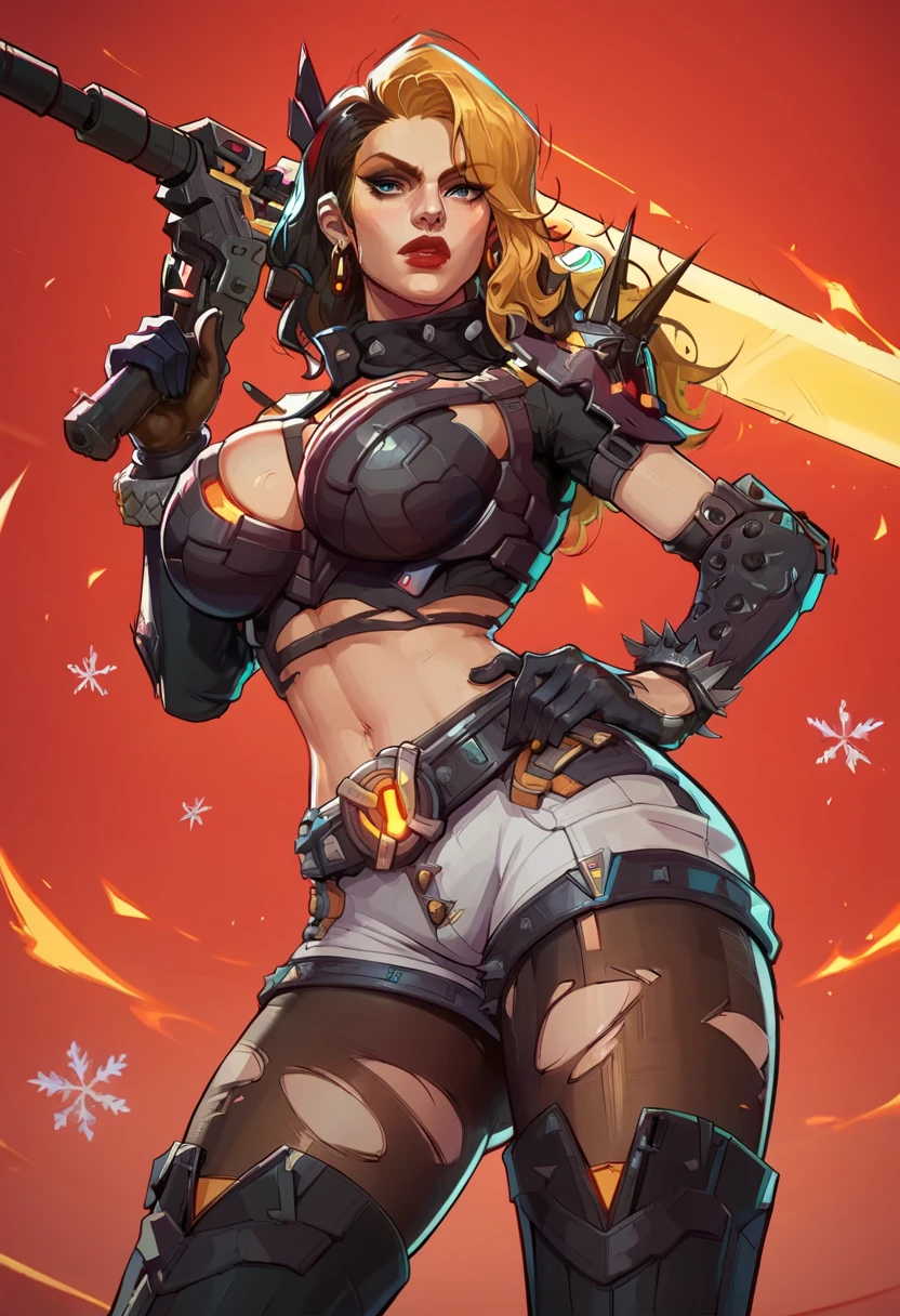 score_9, score_8_up, score_7_up, score_6_up, expressiveh, magik_rivals, 1girl, solo, cowboy shot, blonde hair, long hair, hair accessory, eyeliner, blue eyes, earrings, cropped bodysuit, black bodysuit, armor, belt, gloves, black gloves, black clothes, pauldrons, midriff, navel, short shorts, yellow details, pantyhose, ripped pantyhose, spikes, holding sword, holding weapon, huge weapon, magik sword, glowing sword, yellow sword, weapon, posing, hand on hips, simple background, simple background, geometric shapes score_9, score_8_up, score_7_up, score_6_up, expressiveh, blackwidow_rivals, 1girl, solo, cowboy shot, red hair, asymmetrical hair, headset microphone, eyeliner, blue eyes, red lips, bodysuit, black bodysuit, gloves, black gloves, forearm guns, black clothes, red details, red glow, baton_(weapon), holding weapon, sniper rifle, holding sniper rifle, huge weapon, posing, hand on hips, red sparks, red background, geometric shapes, looking at viewer, geometric pattern on background, scocore_9, score_8_up, score_7_up, 1girl, lunasnow, black hair, white hair, two-tone hair, blue eyes, large natural saggy breasts, breast squeeze between arms, sexy expression, blush, dramatic lighting, pretty girl, depth of field, bokeh blur, pool, reflection, neon, glowing, teal theme, sexy expression, looking at viewer, white bikini, cowboy shot, arched back, low angle, dynamic pose, snowflakes score_9, score_8_up, score_7_up, score_6_up, score_5_up, score_4_up, masterpiece, ultra-detailed, high resolution, lunafrost, 1girl, solo, gloves, cropped jacket, shorts, thighhighs, jacket, elbow gloves, boots, black footwear, thigh boots, breasts, open hands, animification, huge breasts, multicolored hair, smile, white shorts, city, streets, cleavage, thick thighs, huge ass, jay marvel style
