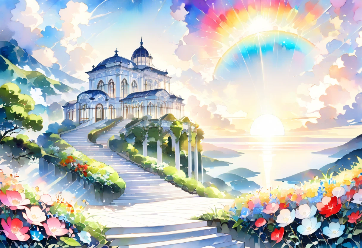 (((An elaborate watercolor painting depicting a beautiful landscape of black and white stairs rising from paradise to the sky))),(((Unconditional Love))),(( top quality ,masterpiece:1.5)),(( sacred)),((Dazzling light)),( large colorful photons :1.5),( pearl white ),(Perfect Anatomy),( Ultra High Quality ),( detailed background),(Artwork),(Great harmony ),(The 々 creatures you depict are beautiful),Desaturated:1.1, Rich Color Palette ,Beautiful and fantastic lighting, anime style,truth,joy,thank you,comfortable,fair,Elegance,Polite , true strength , full of vitality ,altruism,Beautiful,clean, soft,Here and now , Forget Time ,Unadorned ,fun,continuation