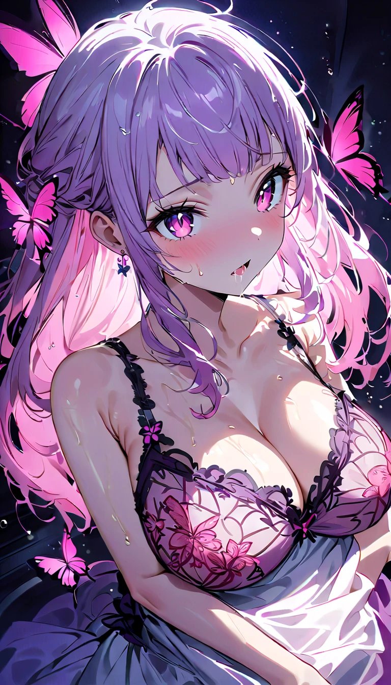 ((Delicate Embroidered Bra 、 transparent purple and dark pink butterfly pattern :1.4)、(  Delicate Embroidered Panties 、 transparent purple and dark pink butterfly pattern:1.4))  composition from above、Pillar of Light、thunder、Desolate Background、（short gray hair :1.1）、 pee、saliva、パンティーが  wet 、. orgasm.. hollow eyes, saliva,   open mouse、 turn your arms around your back、薄白hair、Open Leg.sweat、  wet 、 climax face reaching that butt 、（  squats、 open legs:1.9）.（ Transparent Pastel Milk-Colored Lingerie  :1.9）（Big Breasts:1.9）、nsfw.whole body、  squat、 Constructed directly from above  、nsfw. pastel whiteside up hair、 Please implement it below  .（   A Nasty Depiction of Speed Seen from Above  :1.8）、   dynamic pose、   Movie Scene  、Illuminated、 Atomic Punk .beautiful face drawing、  Delicate gaze depiction   、  undivided composition    、.（Big Breastsにフォーカス:1.5）、Big Breasts、  masterpiece ,   top quality, Raising awareness, （   One Girl  :1.1）,  cute, ( Dynamic Lighting :1.5),   movie lights,   Elegant Features  ,   Details of an eye falling off her shoulder  ,    sharp pupils,     sharp concentration that culminates in a lewd dream , (   very detailed bust , soft glow:1.4),    Lots of Tiny Gems   , ((length_hair))),    earrings 、前hair、Transparent design。   The light source is gentle light from the front ....、  the overall atmosphere is bright and clean  ....。