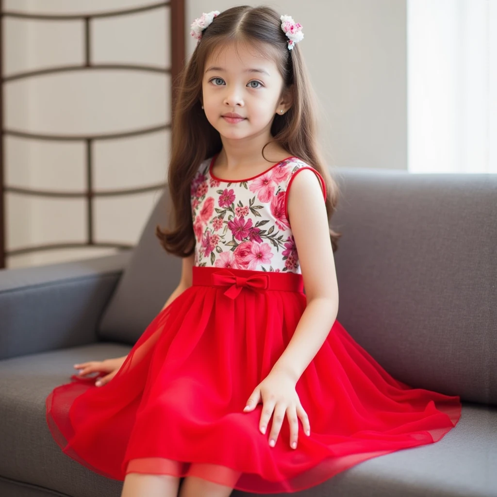 A stunning, ultra-high-definition (UHD), photorealistic, portrait, 1Ashgirl, wearing Girls Sleeveless Floral Print mini short length, hip length, Dress with Bow Design - Red, sitting on a sofa, living room, blurred background. 