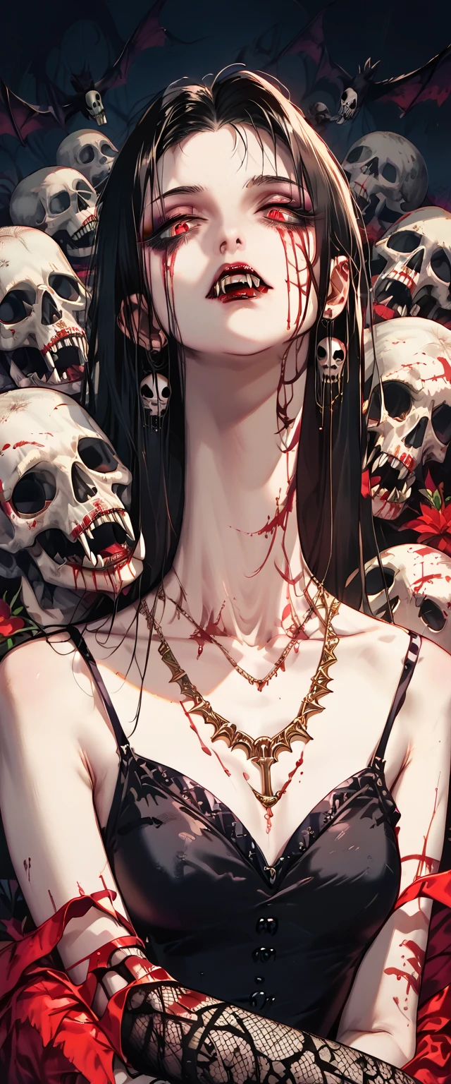  You can see a flat detail of the shoulders, A woman's collarbones and neck , Vampire bite on the neck, blood, has a necklace, nice view, elegant neckline,  elegant dress,  dead flowers , bats, skulls . Detail shot