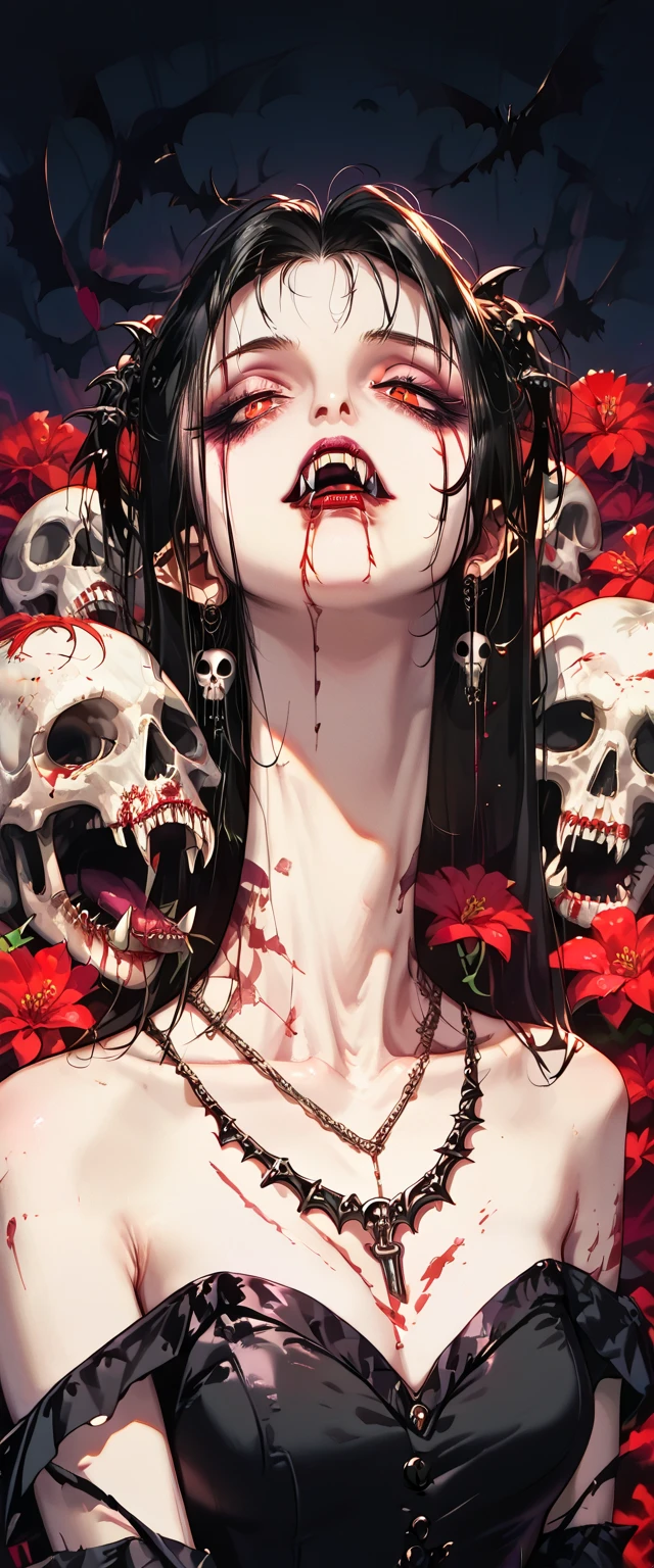  You can see a flat detail of the shoulders, A woman's collarbones and neck , Vampire bite on the neck, blood, has a necklace, nice view, elegant neckline,  elegant dress,  dead flowers , bats, skulls . Detail shot