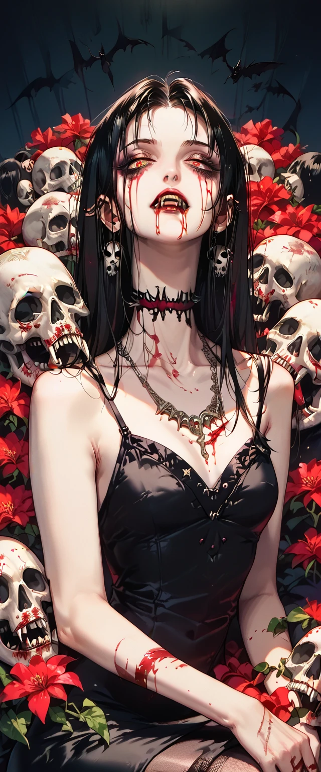  You can see a flat detail of the shoulders, A woman's collarbones and neck , Vampire bite on the neck, blood, has a necklace, nice view, elegant neckline,  elegant dress,  dead flowers , bats, skulls . Detail shot