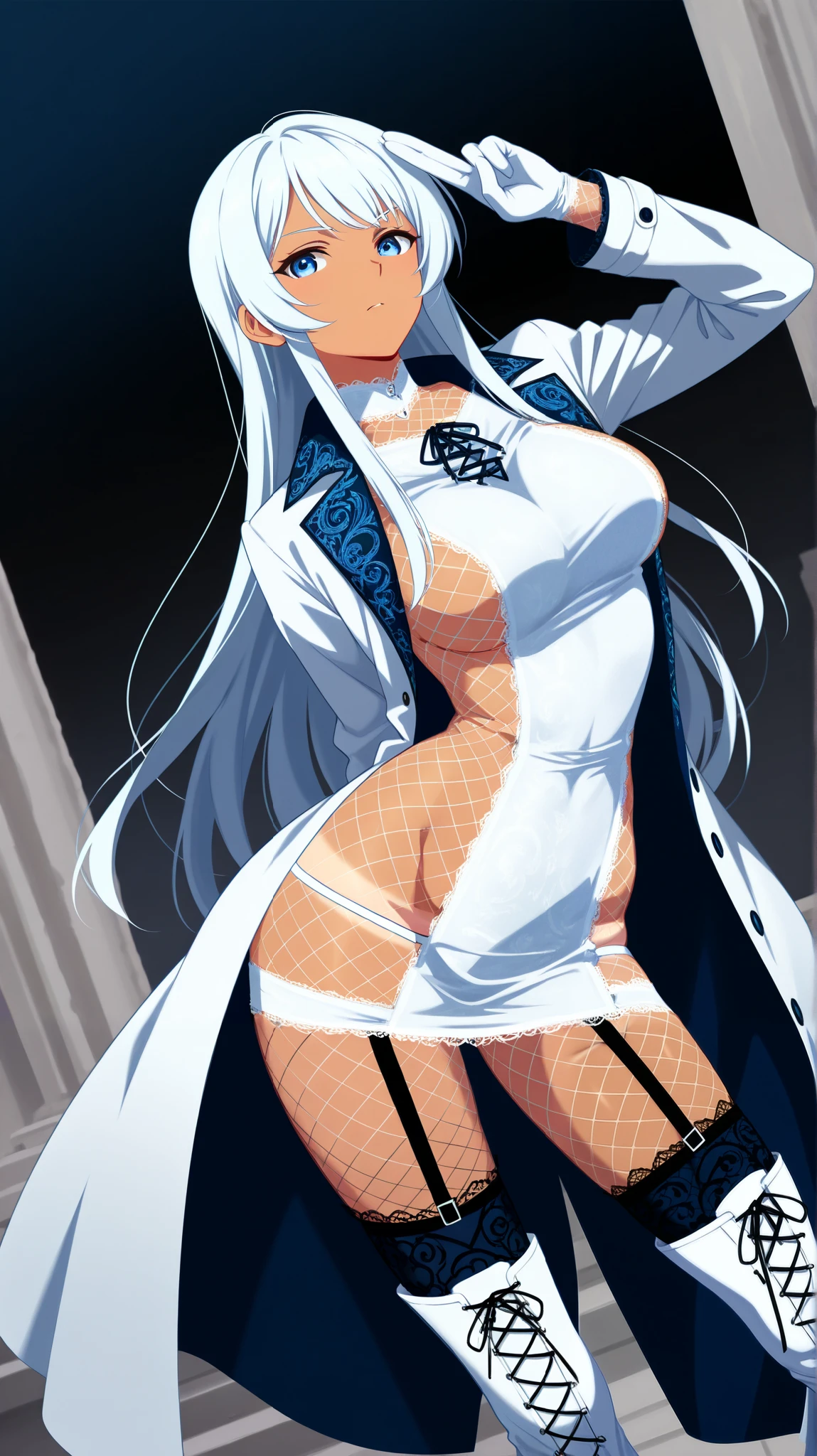 photorealistic, high resolution, 1 woman, shining skin, solo, perfect face, (long white braided hair), (blue eyes), closed mouth, (muscular legs), medium breasts, lace underwear, stockings, maid uniform, medium breats, bends over, shot from back, at room