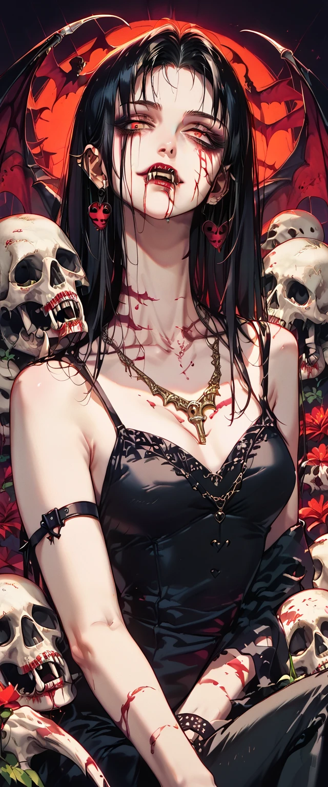  You can see a flat detail of the shoulders, A woman's collarbones and neck , Vampire bite on the neck, blood, has a necklace, nice view, elegant neckline,  elegant dress,  dead flowers , bats, skulls . Detail shot