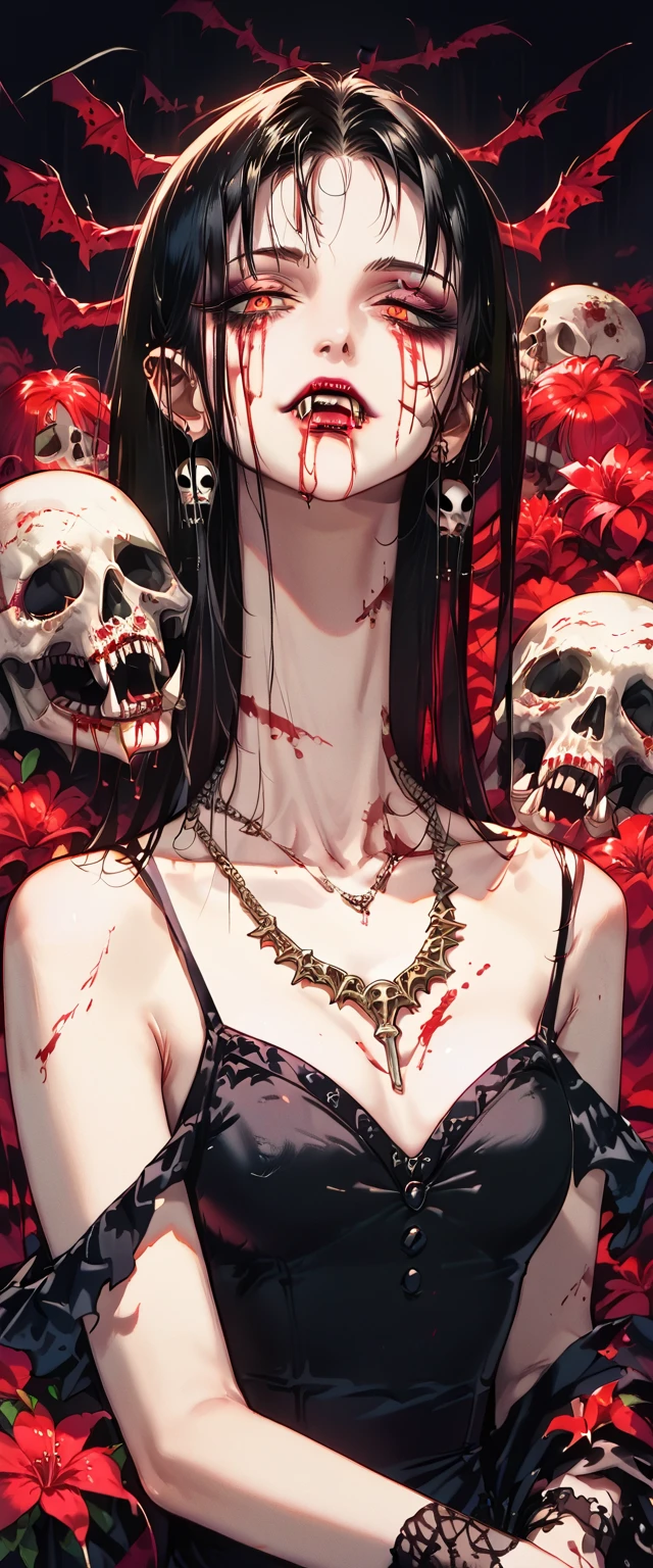  You can see a flat detail of the shoulders, A woman's collarbones and neck , Vampire bite on the neck, blood, has a necklace, nice view, elegant neckline,  elegant dress,  dead flowers , bats, skulls . Detail shot