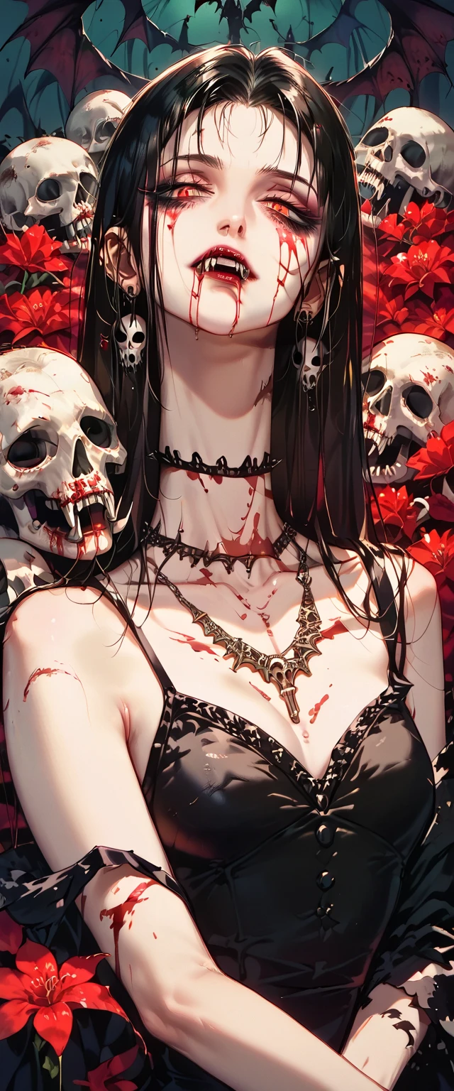  You can see a flat detail of the shoulders, A woman's collarbones and neck , Vampire bite on the neck, blood, has a necklace, nice view, elegant neckline,  elegant dress,  dead flowers , bats, skulls . Detail shot