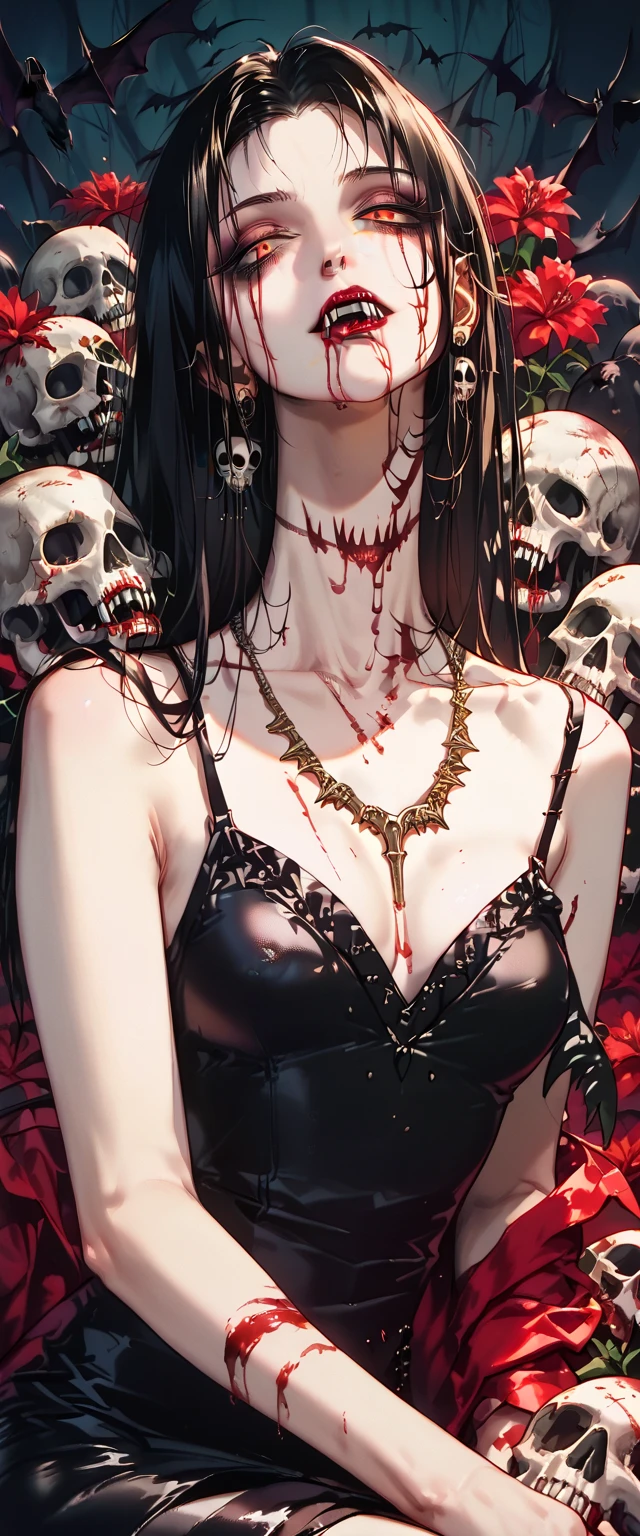  You can see a flat detail of the shoulders, A woman's collarbones and neck , Vampire bite on the neck, blood, has a necklace, nice view, elegant neckline,  elegant dress,  dead flowers , bats, skulls . Detail shot