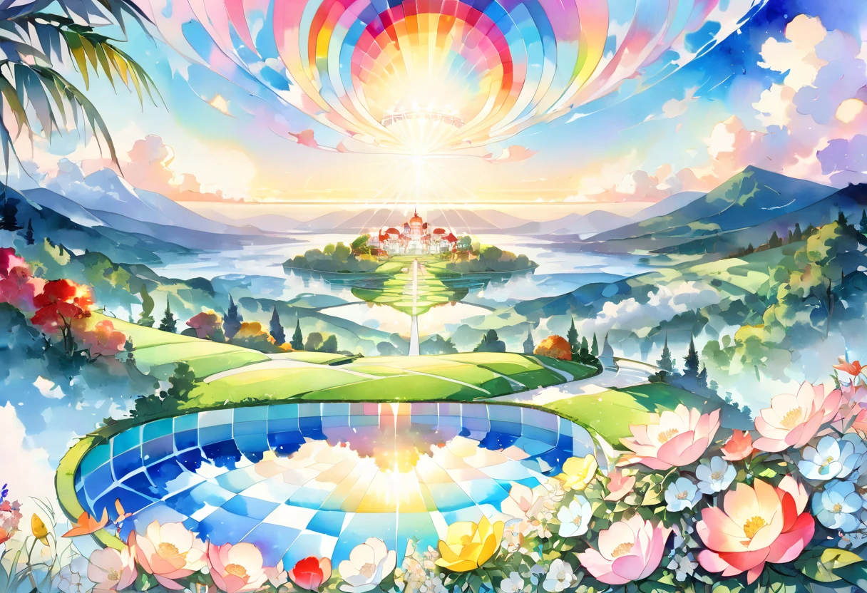 (((An elaborate watercolor painting depicting a beautiful view of a checkered belt rising from paradise to the sky))),(((Unconditional Love))),(( top quality ,masterpiece:1.5)),(( sacred)),((Dazzling light)),( large colorful photons :1.5),( pearl white ),(Perfect Anatomy),( Ultra High Quality ),( detailed background),(Artwork),(Great harmony ),(The 々 creatures you depict are beautiful),Desaturated:1.1, Rich Color Palette ,Beautiful and fantastic lighting, anime style,truth,joy,thank you,comfortable,fair,Elegance,Polite , true strength , full of vitality ,altruism,Beautiful,clean, soft,Here and now , Forget Time ,Unadorned ,fun,continuation