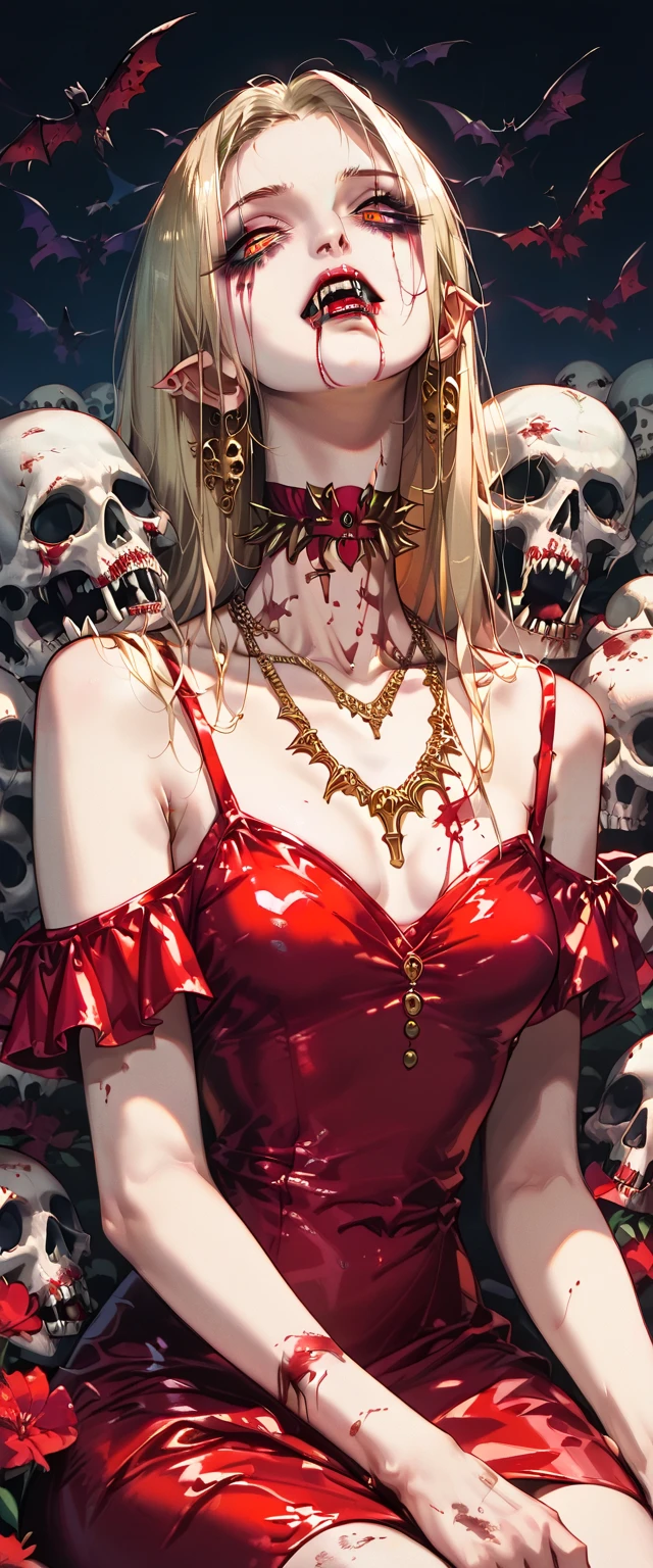  You can see a flat detail of the shoulders, A woman's collarbones and neck , Vampire bite on the neck, blood, has a necklace, nice view, elegant neckline,  elegant dress,  gold dress,  dead flowers , bats, skulls . Detail shot