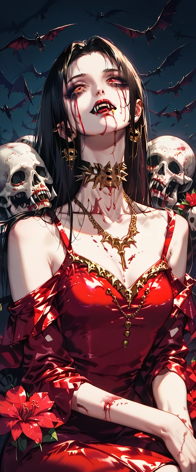  You can see a flat detail of the shoulders, A woman's collarbones and neck , Vampire bite on the neck, blood, has a necklace, nice view, elegant neckline,  elegant dress,  gold dress,  dead flowers , bats, skulls . Detail shot