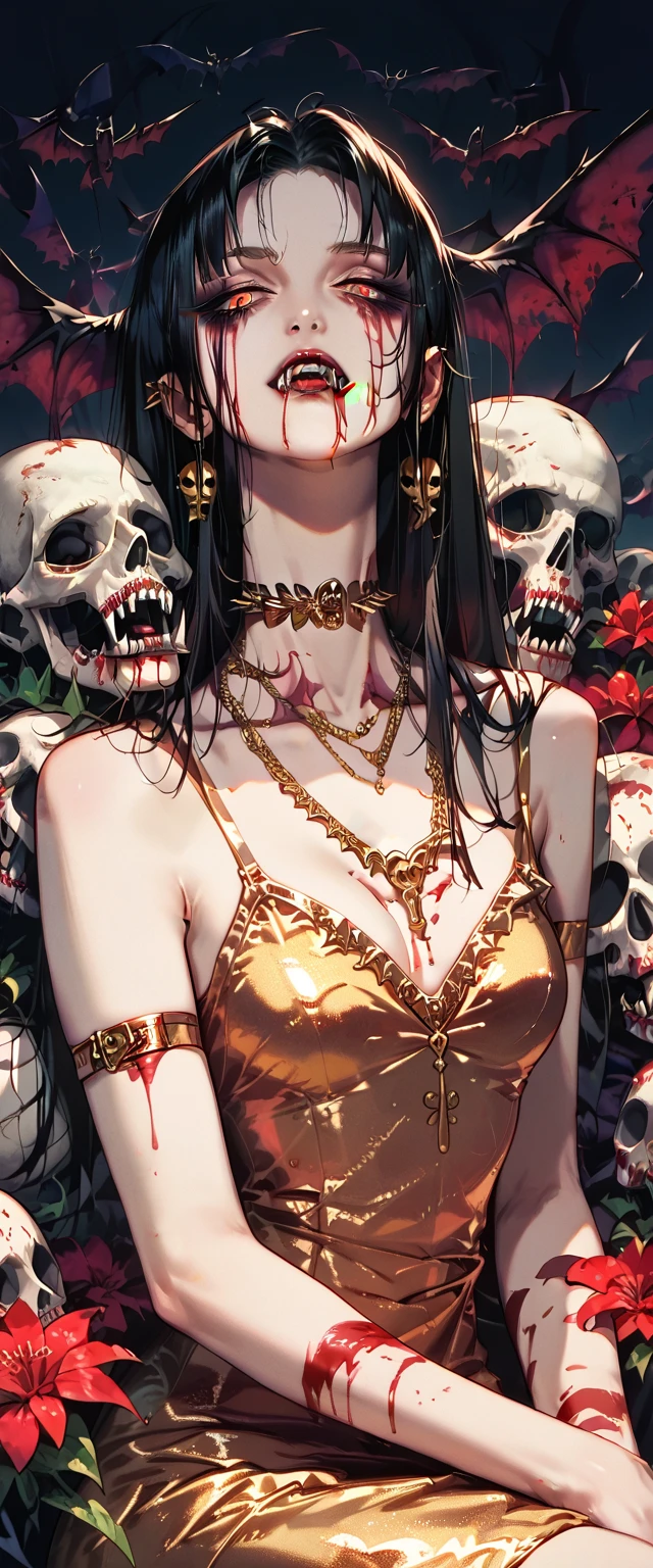  You can see a flat detail of the shoulders, A woman's collarbones and neck , Vampire bite on the neck, blood, has a necklace, nice view, elegant neckline,  elegant dress,  gold dress,  dead flowers , bats, skulls . Detail shot