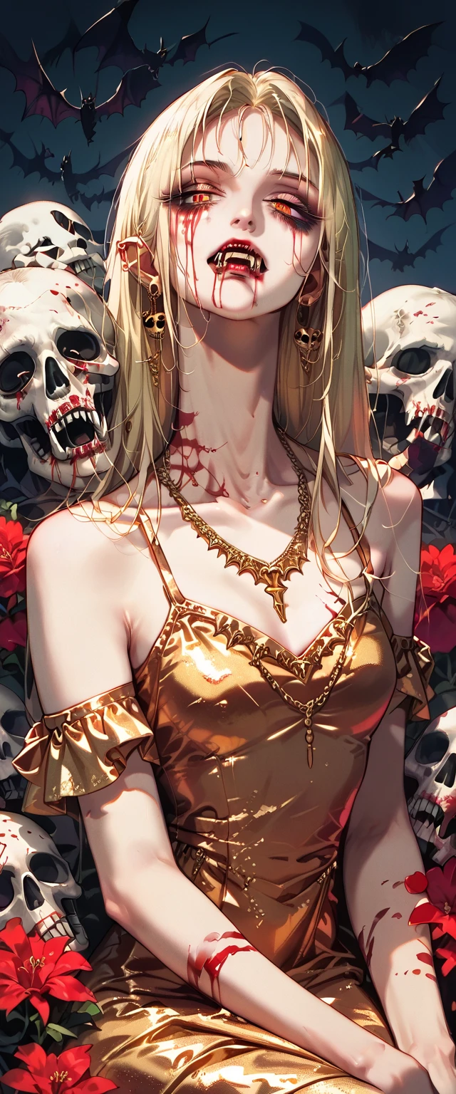  You can see a flat detail of the shoulders, A woman's collarbones and neck , Vampire bite on the neck, blood, has a necklace, nice view, elegant neckline,  elegant dress,  gold dress,  dead flowers , bats, skulls . Detail shot