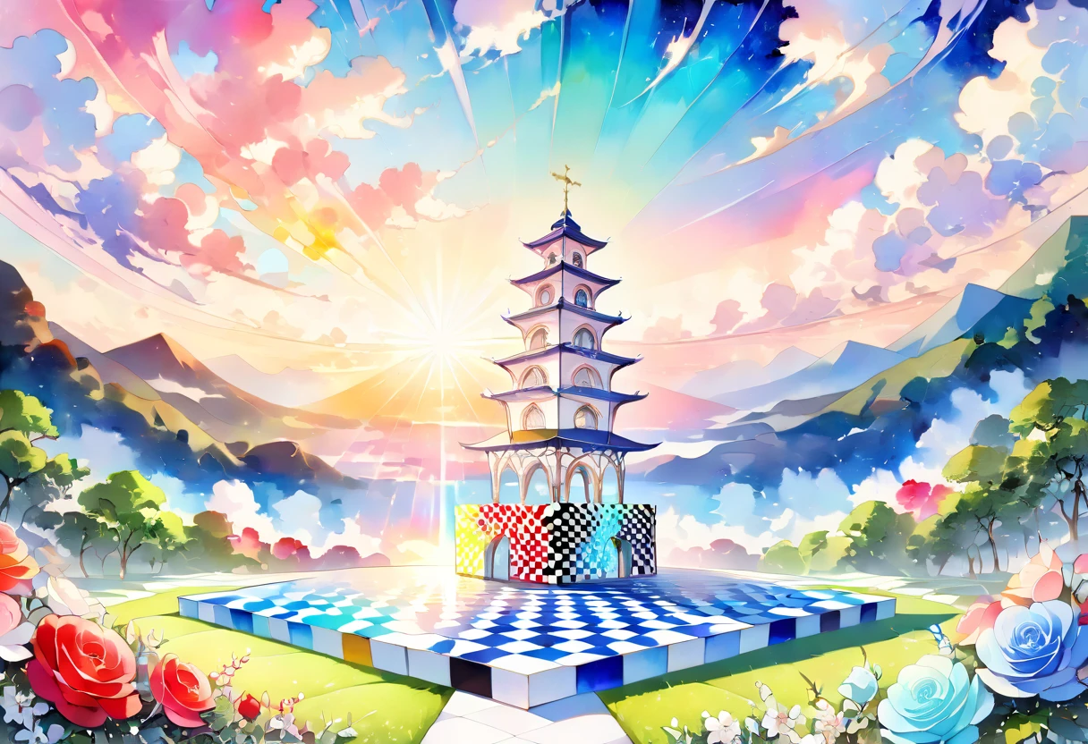 (((An elaborate watercolor painting depicting a beautiful view of a checkered belt rising from paradise to the sky))),(((Unconditional Love))),(( top quality ,masterpiece:1.5)),((spiral stage)),((Dazzling light)),( large colorful photons :1.5),( pearl white ),(Perfect Anatomy),( Ultra High Quality ),( detailed background),(Artwork),(Great harmony ),(The 々 creatures you depict are beautiful),Desaturated:1.1, Rich Color Palette ,Beautiful and fantastic lighting, anime style,truth,joy,thank you,comfortable,fair,Elegance,Polite , true strength , full of vitality ,altruism,Beautiful,clean, soft,Here and now , Forget Time ,Unadorned ,fun,continuation