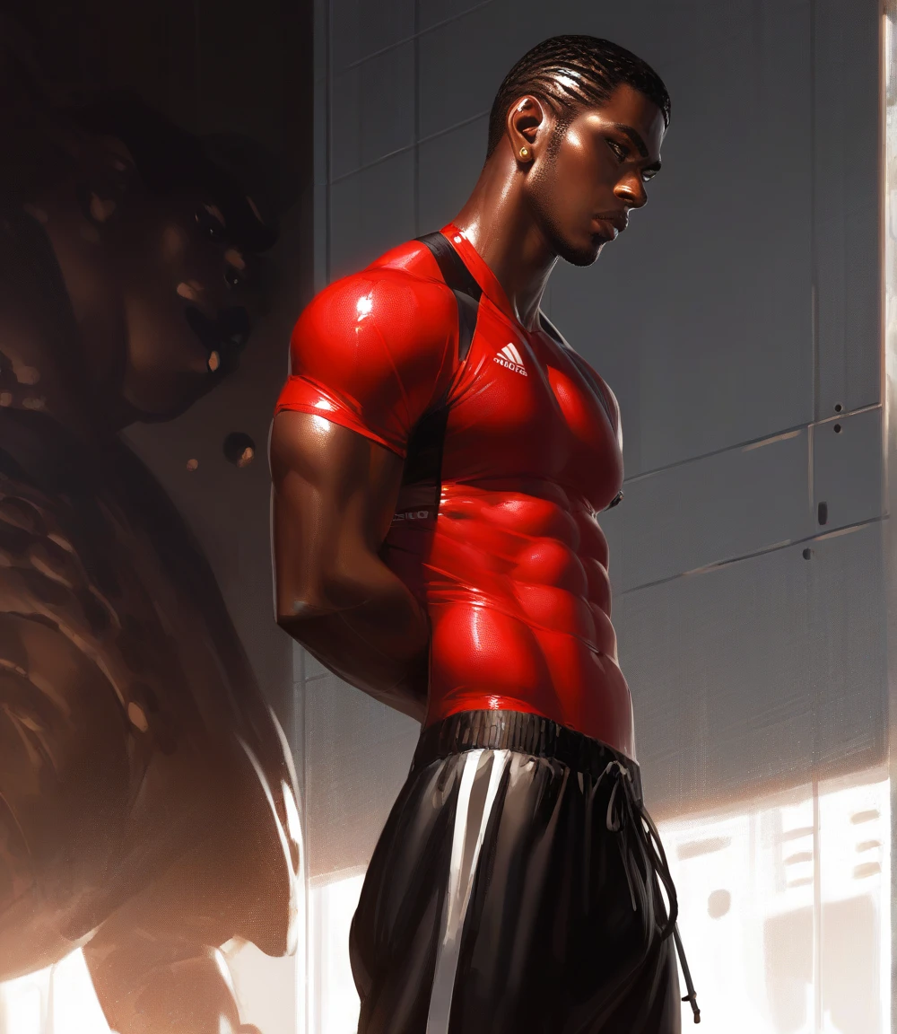 SHAKES FROM Super STRIKERS ,Red sports wear, just chilling,Fit to resolution,sce to size,full image,GUWEIZ ARTWORK , ,l,  ,relaxing, cool clothing, black male ,dark skin ,Just standing by wall , African guy