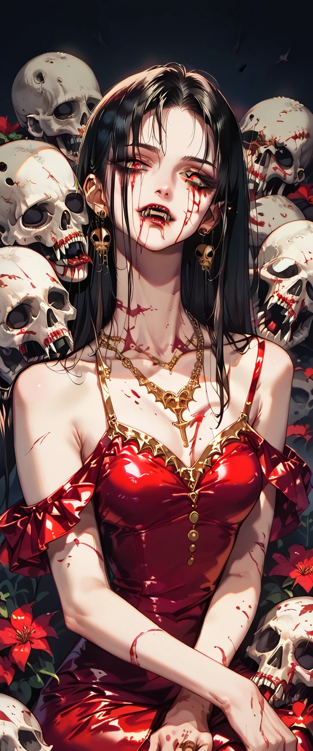  You can see a flat detail of the shoulders, A woman's collarbones and neck , Vampire bite on the neck, blood, has a necklace, nice view, elegant neckline,  elegant dress,  gold dress,  dead flowers , bats, skulls . Detail shot