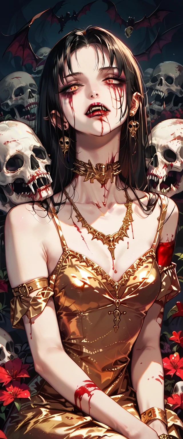  You can see a flat detail of the shoulders, A woman's collarbones and neck , Vampire bite on the neck, blood, has a necklace, nice view, elegant neckline,  elegant dress,  gold dress,  dead flowers , bats, skulls . Detail shot