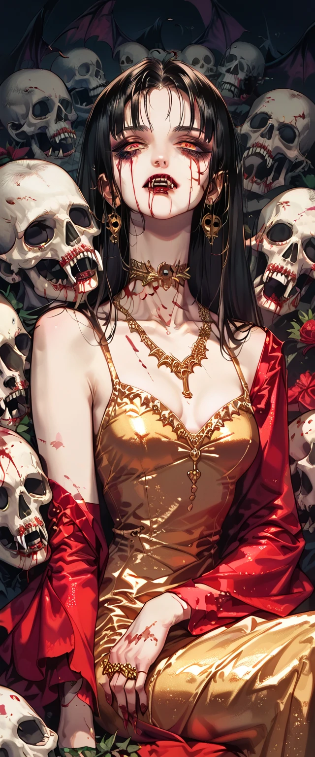  You can see a flat detail of the shoulders, A woman's collarbones and neck , Vampire bite on the neck, blood, has a necklace, nice view, elegant neckline,  elegant dress,  gold dress,  dead flowers , bats, skulls . Detail shot