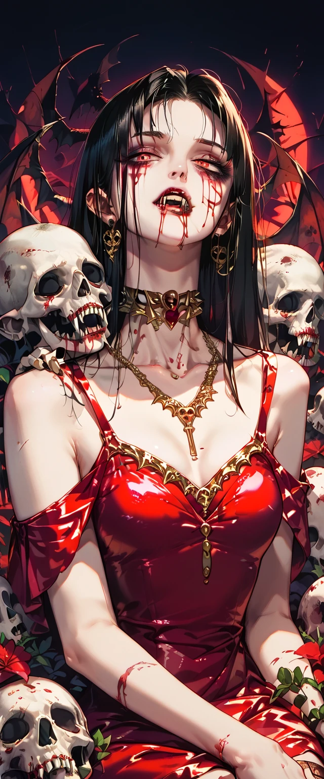  You can see a flat detail of the shoulders, A woman's collarbones and neck , Vampire bite on the neck, blood, has a necklace, nice view, elegant neckline,  elegant dress,  gold dress,  dead flowers , bats, skulls . Detail shot