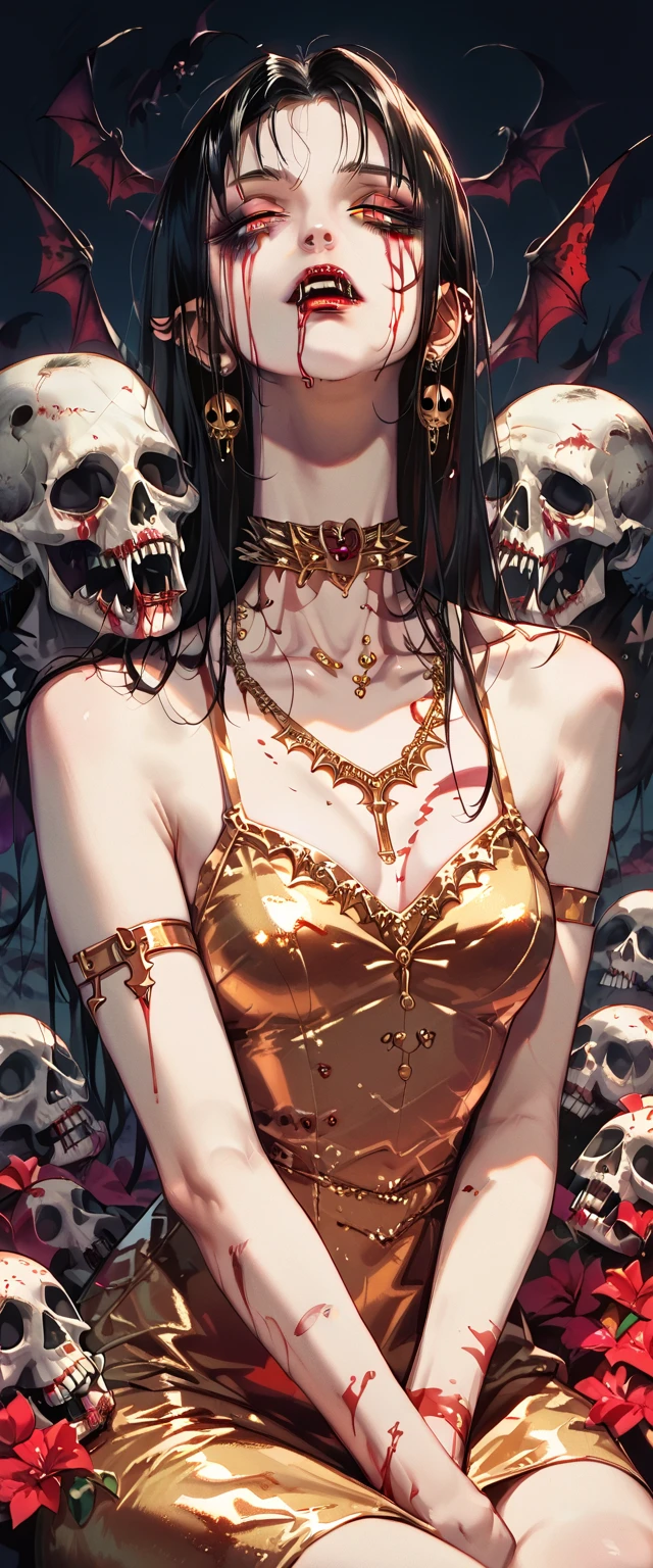  You can see a flat detail of the shoulders, A woman's collarbones and neck , Vampire bite on the neck, blood, has a necklace, nice view, elegant neckline,  elegant dress,  gold dress,  dead flowers , bats, skulls . Detail shot