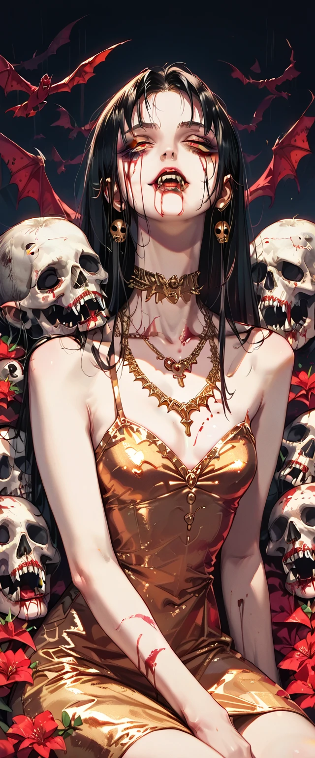  You can see a flat detail of the shoulders, A woman's collarbones and neck , Vampire bite on the neck, blood, has a necklace, nice view, elegant neckline,  elegant dress,  gold dress,  dead flowers , bats, skulls . Detail shot