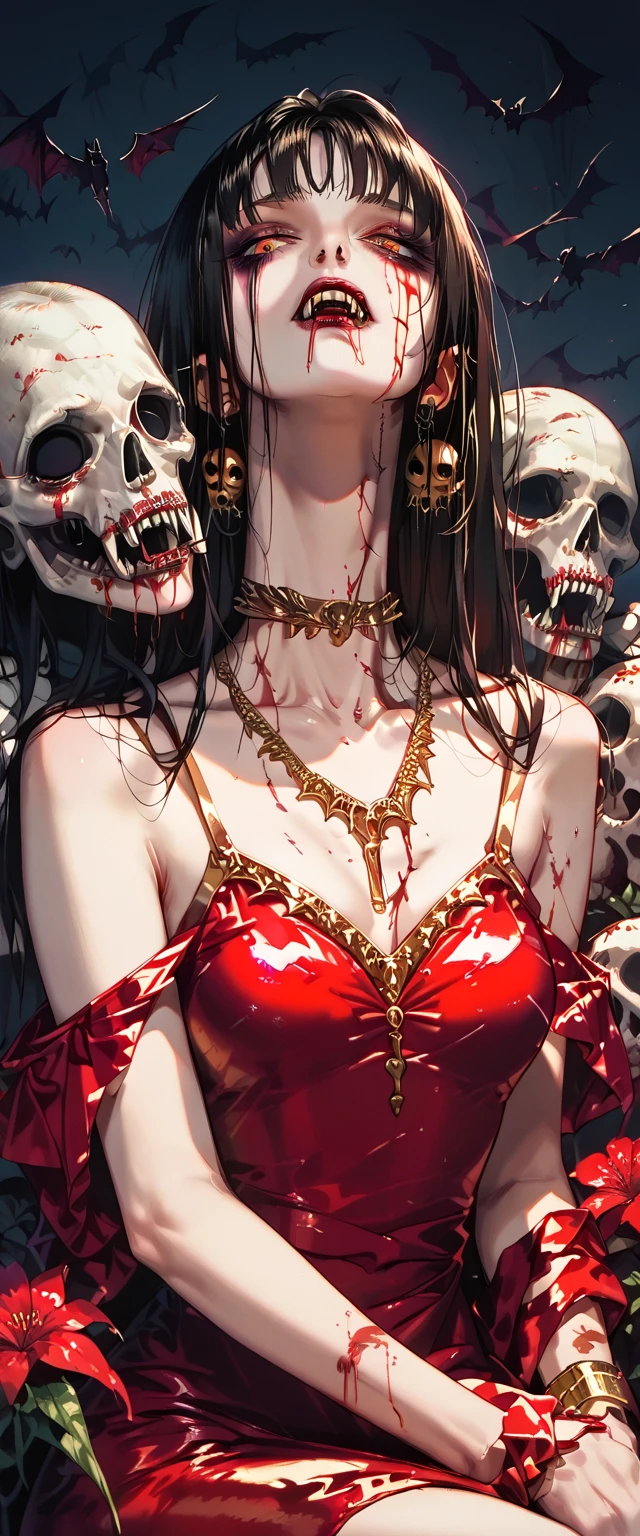  You can see a flat detail of the shoulders, A woman's collarbones and neck , Vampire bite on the neck, blood, has a necklace, nice view, elegant neckline,  elegant dress,  gold dress,  dead flowers , bats, skulls . Detail shot