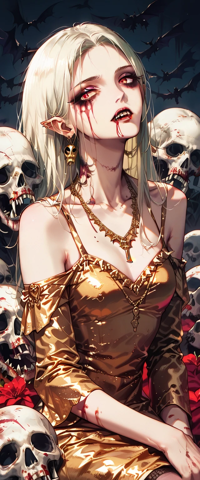  You can see a flat detail of the shoulders, A woman's collarbones and neck , Vampire bite on the neck, blood, has a necklace, nice view, elegant neckline,  elegant dress,  gold dress,  dead flowers , bats, skulls . Detail shot