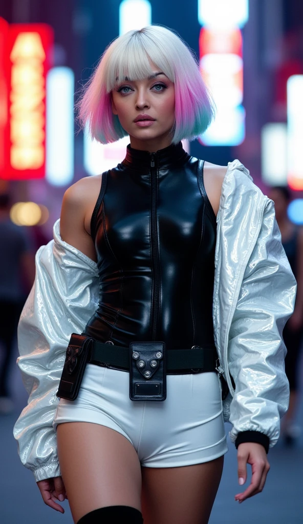 A stunning, ultra-high-definition (UHD), photorealistic, portrait, 1Ashgirl, **"Ultra high resolution, UHD, ultra-detailed, hyper-realistic skin texture, high-quality rendering, photorealistic portrait of a girl named Lucy, inspired by the character Lucy from Cyberpunk: Edgerunners. She has a choppy, asymmetrical bob haircut with soft layers. The pure white base features pastel highlights in pink, blue, and hints of green near the ends, blending into a subtle gradient. The right side of her hair is longer, reaching past her shoulder, while the left side is shorter, ending just below her jawline. Wispy, side-swept bangs frame her face, giving her a sleek yet slightly tousled, futuristic aesthetic.
Lucy is dressed in a high-neck, sleeveless black leotard made of glossy, high-tech synthetic material with a leather-like texture, hugging her form for a modern, edgy vibe. She pairs this with a metallic white jacket and matching white shorts, both crafted from shiny, reflective fabric. Her utility belt, made of matte black material with small, rectangular pouches, adds a rugged, practical touch, walking on the streets of night city, cyberpunk, neon lights, signs ,
Completing the outfit are glossy black thigh-high boots that extend to her mid-thigh, seamlessly blending with the shorts to create a sleek, continuous silhouette. The overall look is bold, futuristic, and undeniably stylish."**