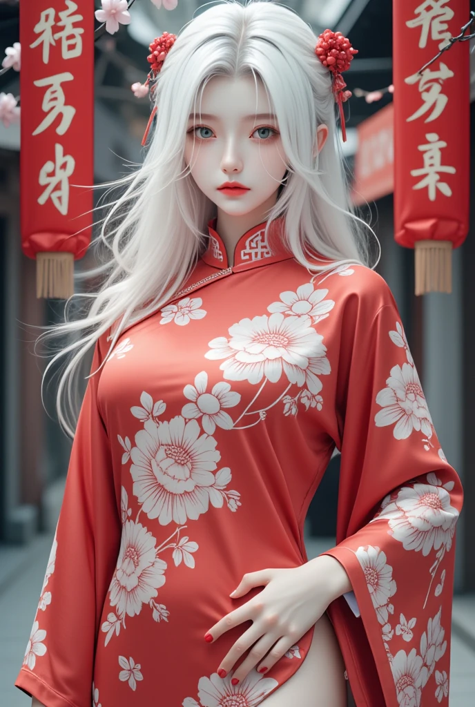 A photorealistic image of a woman,cheongsam, white hair,hip up,zaiji