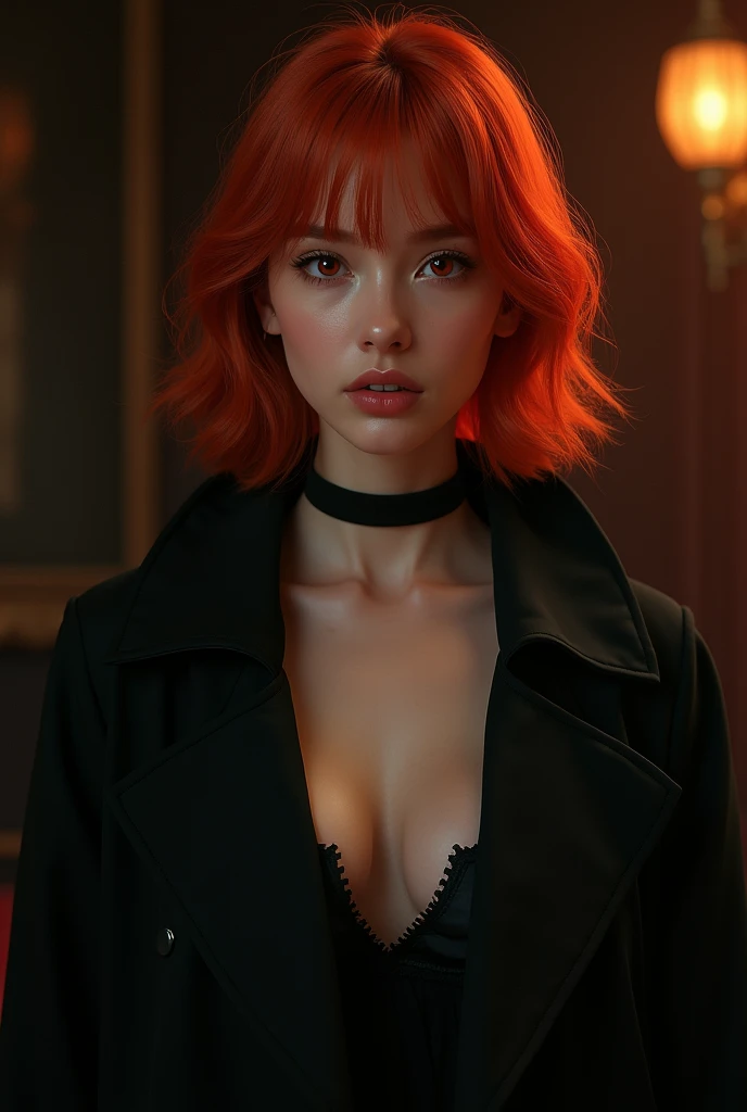 masterpiece, high quality, solo focus, young woman, bright eyes, lustrous skin, red hair, highly detailed eyes, perfect face, wearing a black dress, in an elegant model pose, full body, back to viewer, by lee jeffries nikon d850 film stock photography 4 kodak portra 400 camera f1.6 lens rich colors hyper realistic texture dramatic lighting unrealistic engine trend on artstation cinestill 800