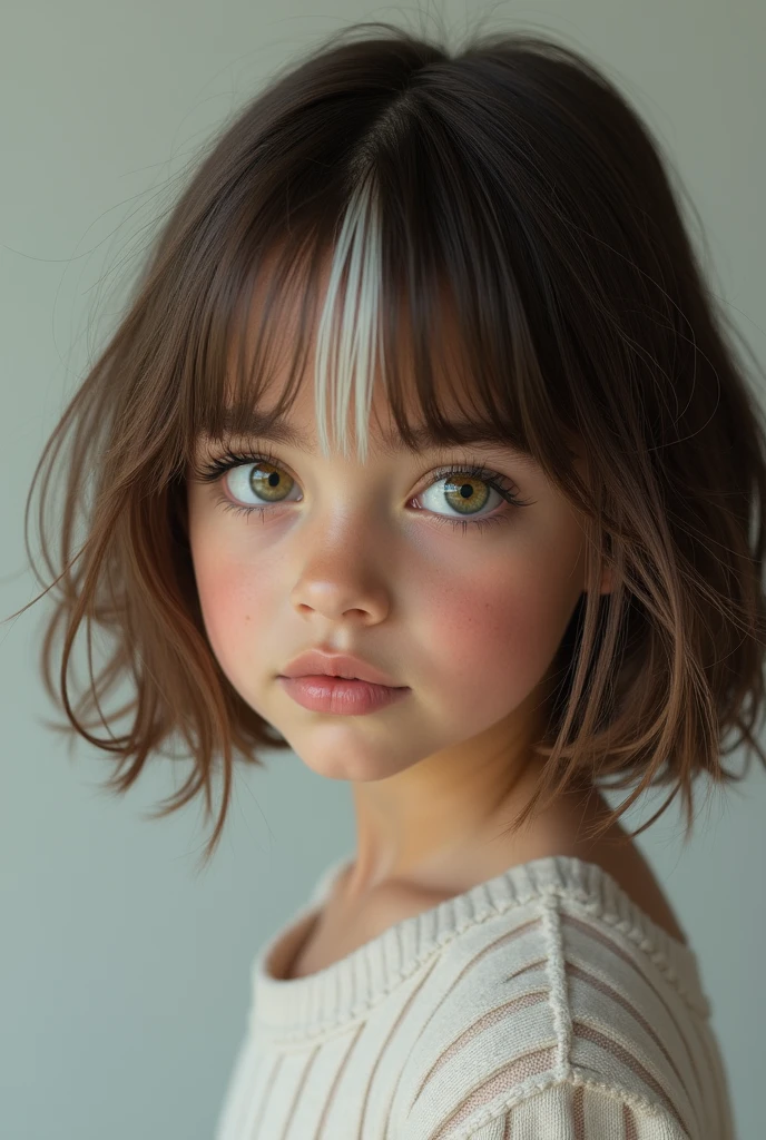 photorealistic girl with gray eyes wears overalls and has shoulder hair