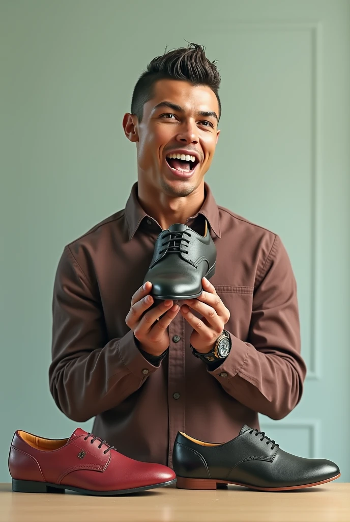 A man aged 40 wearing dark orange  trousers and a white shirt as a school uniform holding golden boots award from football or balloon d'or award like Ronaldo 