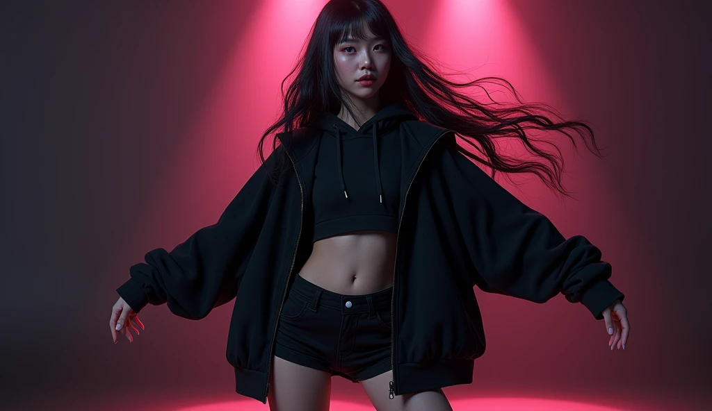 beautiful woman, 25 year old, dark long hair, face very detailed, (ultra realistic: 1,4), thin girl, small boobs, (underskirt view), (full body view), (panties visible), wearing an oversized hoodie, dancing hip hop style