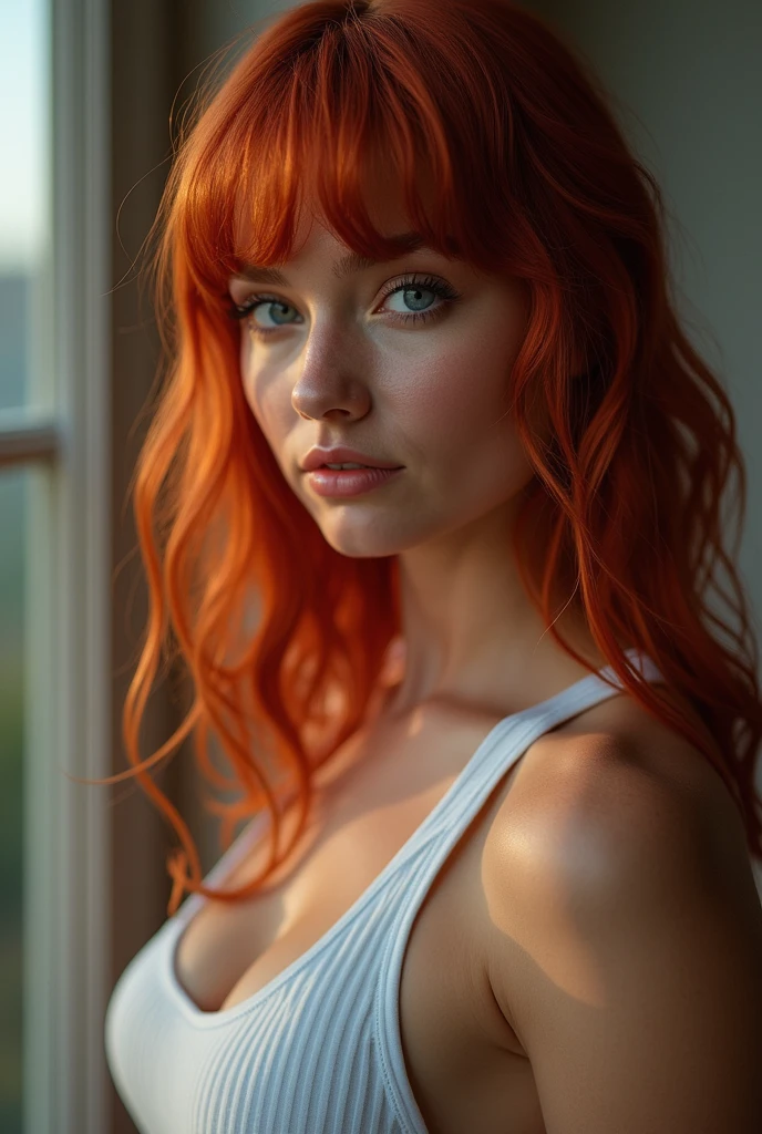 1woman , 23 years old, German girl, waist up portrait, art by Peach Momoko, digital art 8k, art by cameron gray, fantastic face, beautiful look, detailed hair, ultra focus, face illuminated, face detailed, 8k resolution, watercolor, razumov style. art by Razumov and Volegov, art by Carne Griffiths and Wadim Kashin rutkowski repin art station hyperrealism painting concept art of detailed character, 8k resolution blade runner, soft natural lighting, smooth soft skin, wearing peach over the shoulder dress, very huge breast, symmetrical, natural skin texture, soft lighting, showing her shoulders, detailed face, ginger long drill hair, bang, rosy pure skin, v-shaped slim face, rosy cheeks, cute bright smile showing her teeth, photorealism, soft pastel colors sparkling, cowboy shot, half-body shot, looking away, very sexy Mary