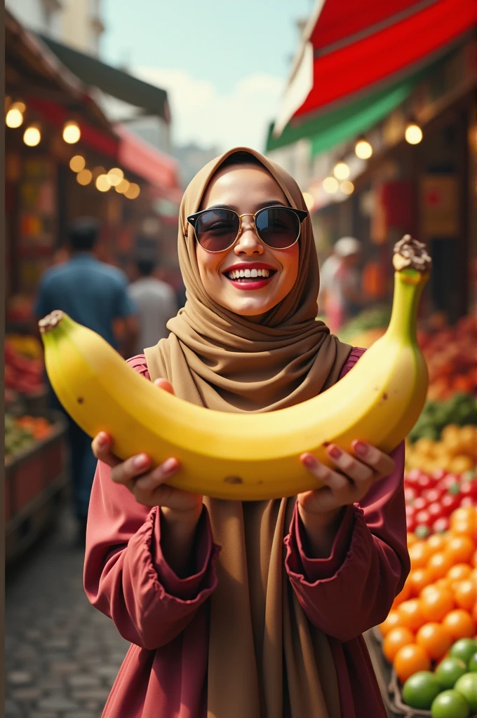 ((5, Indonesian adult woman in hijab, Sugar Granny)) wearing white pajamas photography portrait, licking banana covered in white condensed milk mid shot, ultra detail, professional photo with professional lighting, smile, light blue studio background, curvy body, (VERY BIG BREASTS : 1.4).