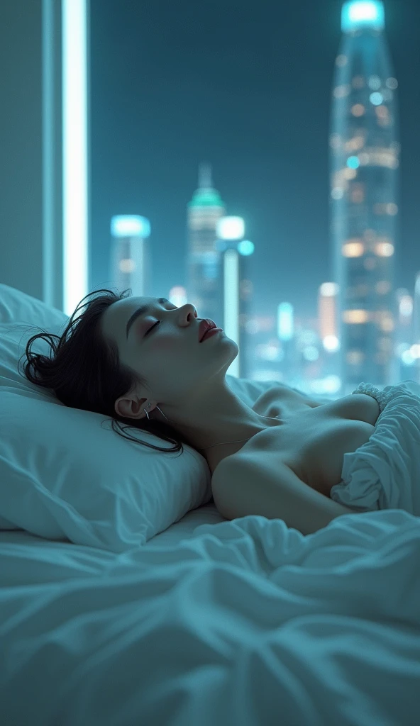 A very pretty woman, delicious, very sexy, lying in bed naked, sleeping, a view of the entire city on a cold, cloudy night