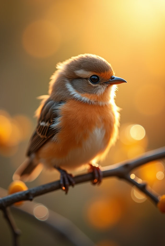 A charming close-up portrait，Showing a beautiful bird， and is illuminated by soft golden light on a quiet morning， The bokeh ball gently frames its petite body 