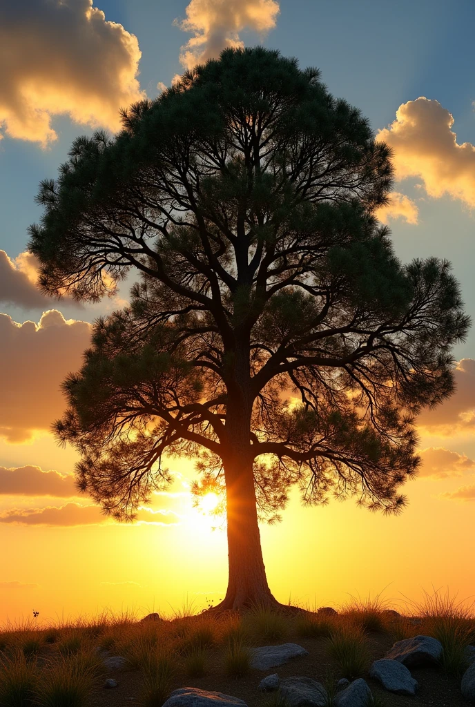 A majestic tree stands tall against a vibrant sunset sky, with light ...